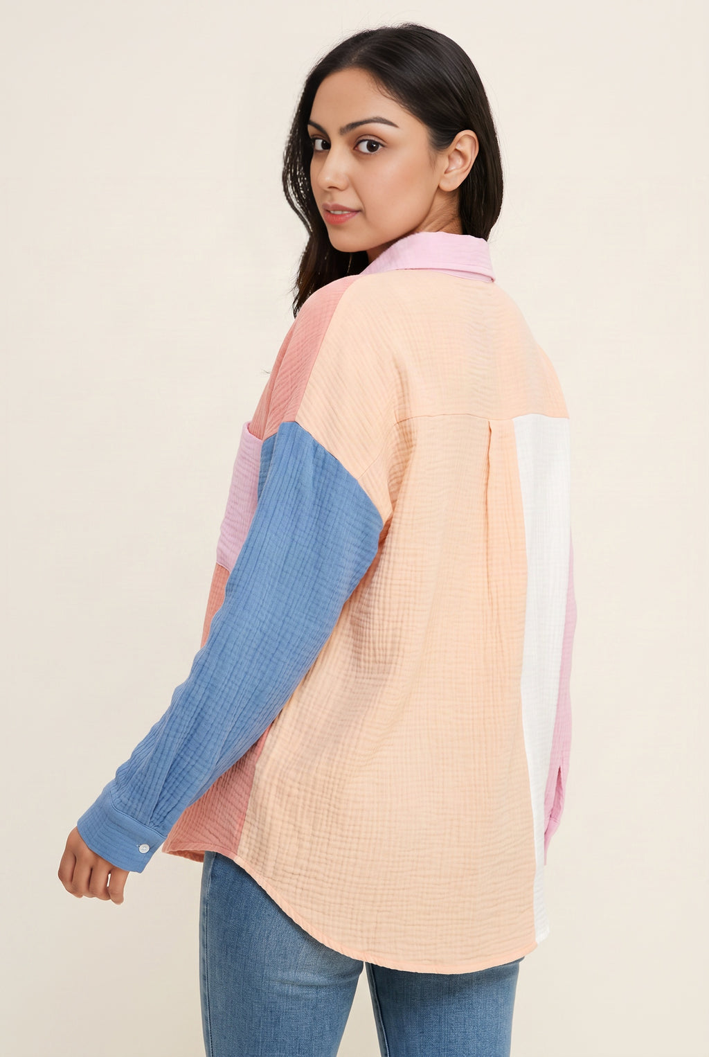 Back view of the Orange-Blue Just Chilling shirt showing its contrast sleeves and rear shirttail.