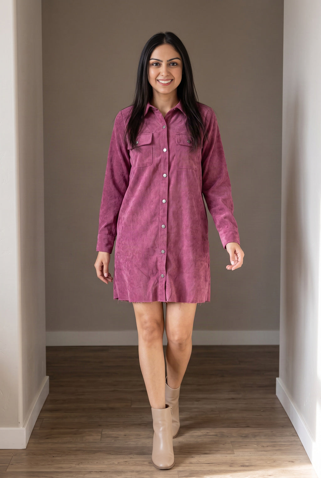 Part Of My Story corduroy shirt dress styled unbelted for an everyday outing.