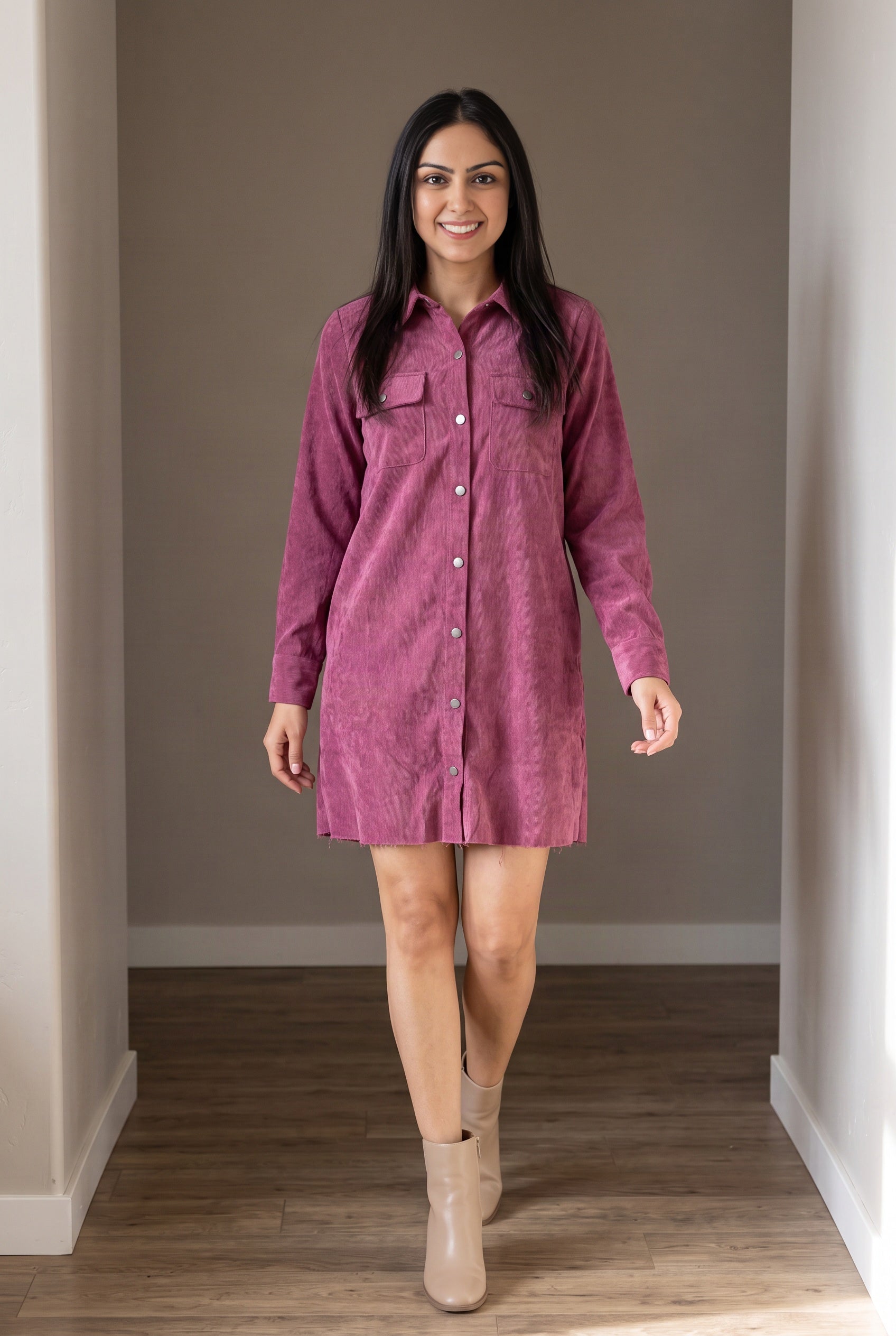Part Of My Story corduroy shirt dress styled unbelted for an everyday outing.