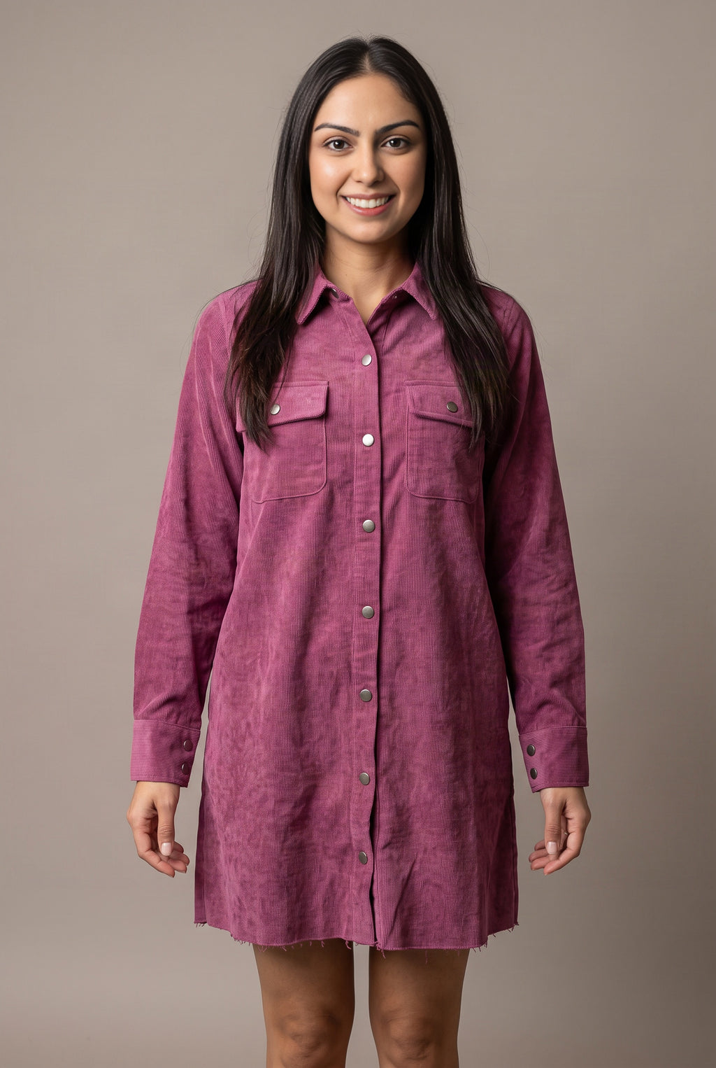Part Of My Story corduroy shirt dress front view showing its relaxed mini fit and raw hem.