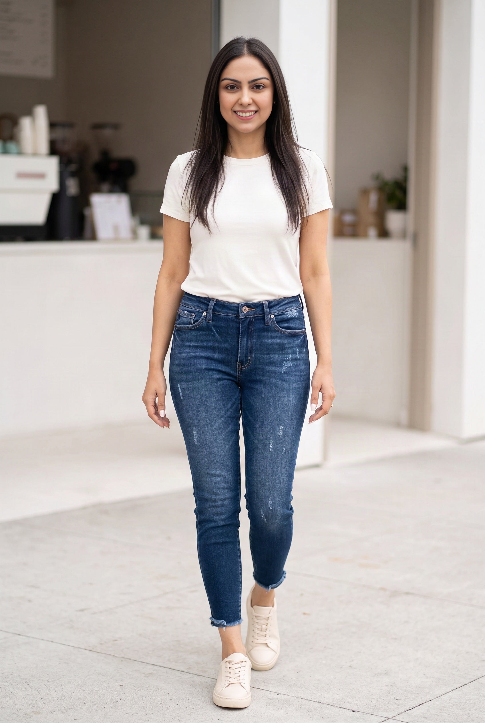 Beautiful Day Mid Rise Ankle Jeans styled with sneakers for a bright casual daytime outfit.