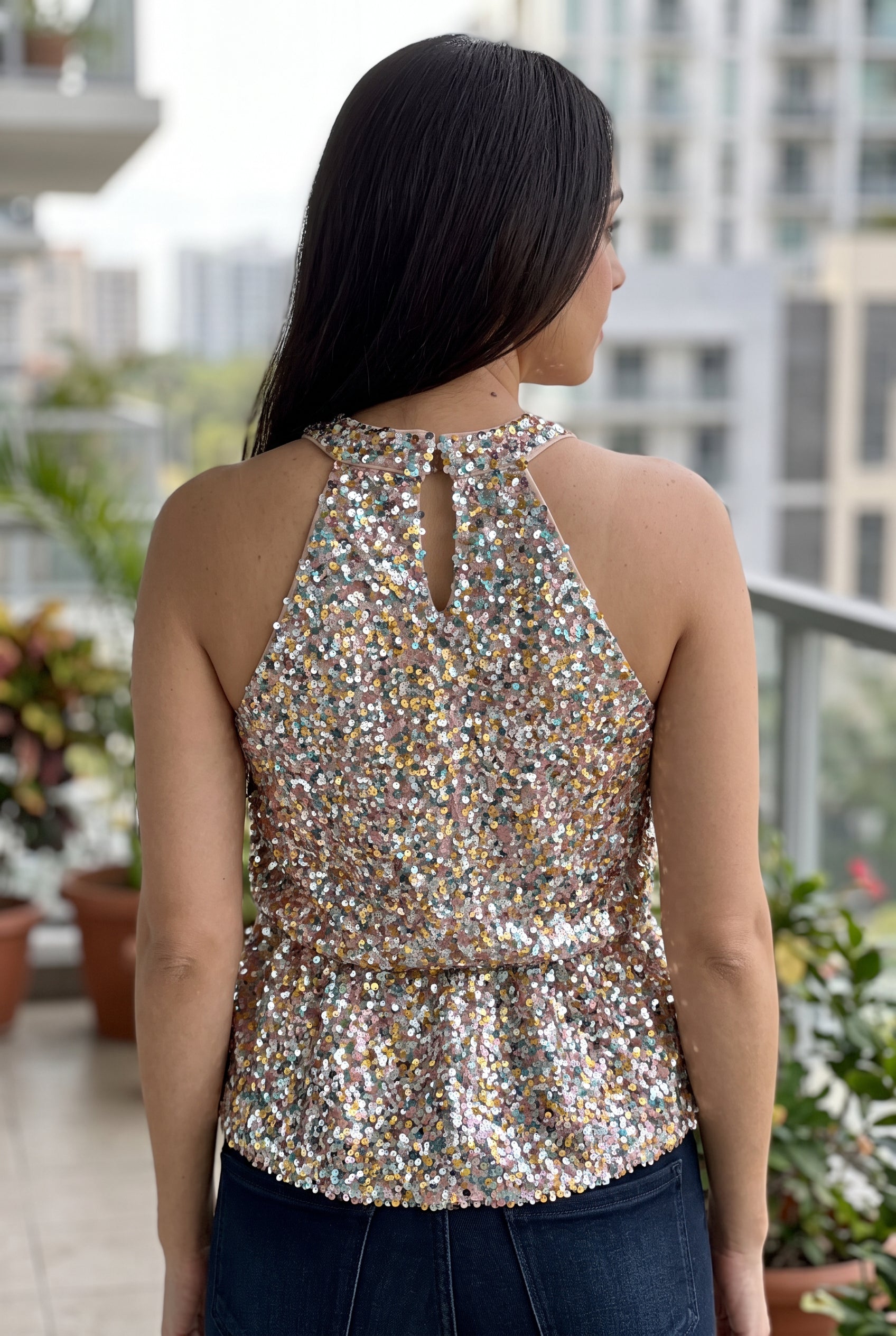 Back of the Last Night Sequin Halter Top showing the neck band, keyhole and open upper-back cut.