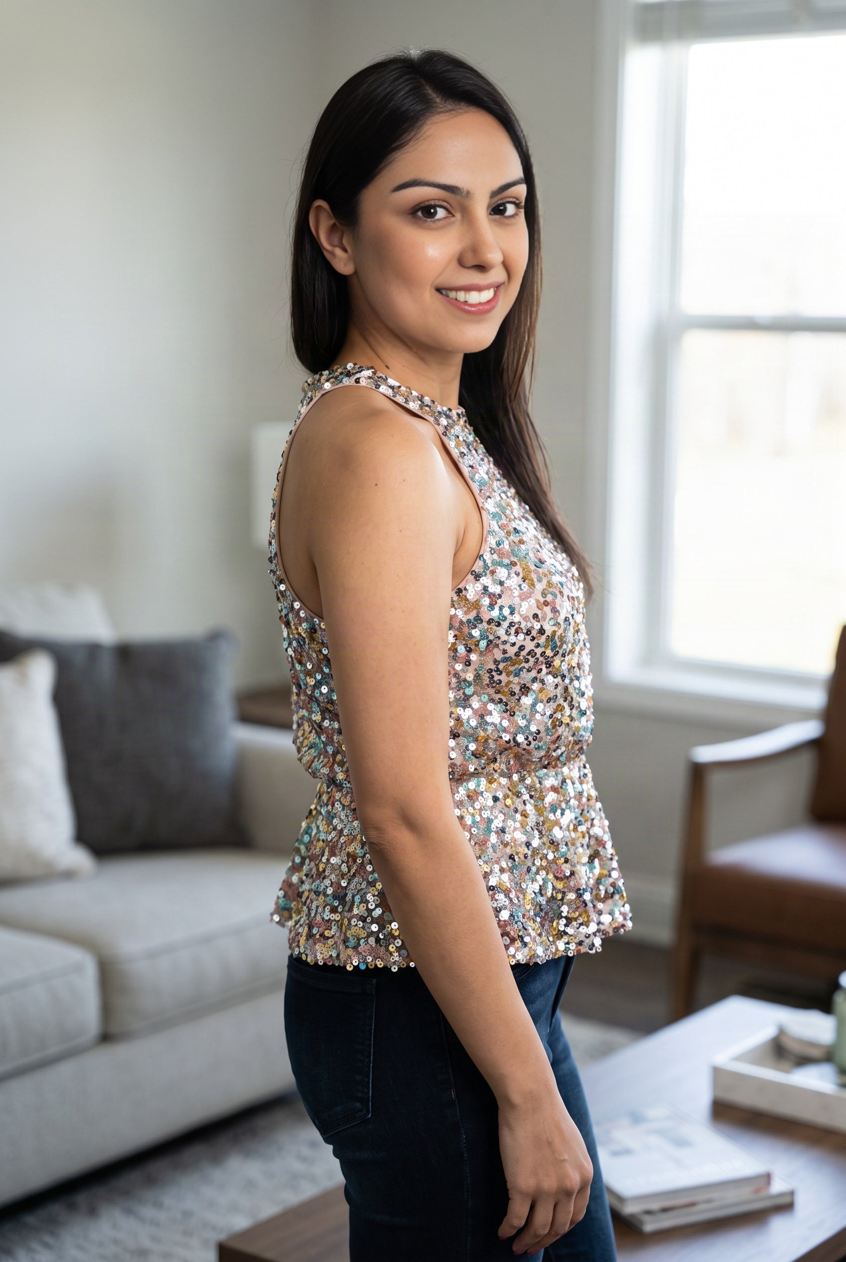 Side fit of the Last Night Sequin Halter Top showing the deep armhole and structured lower flare.