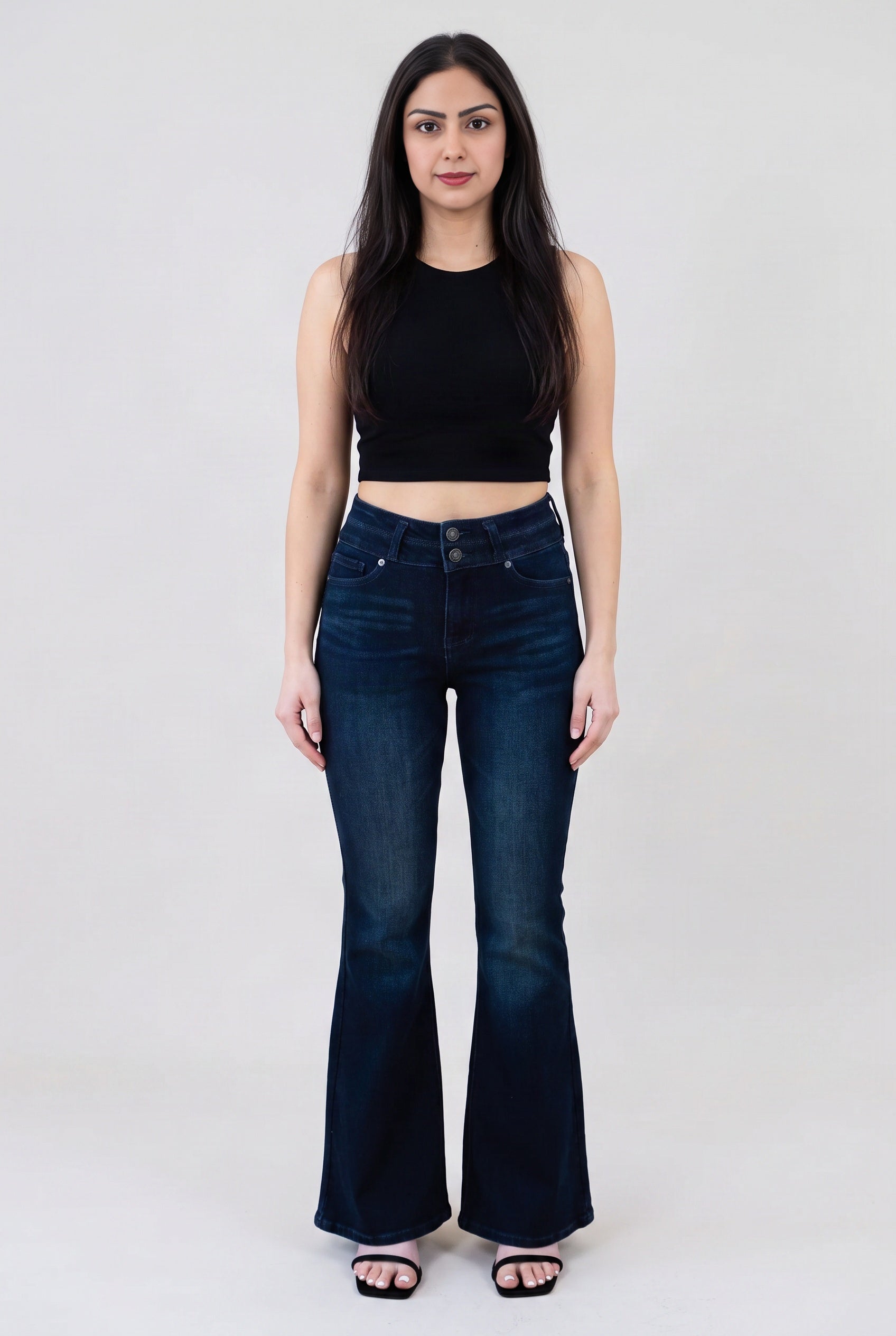 Always on My Mind high-rise flare jeans shown full length from the front in dark blue denim.