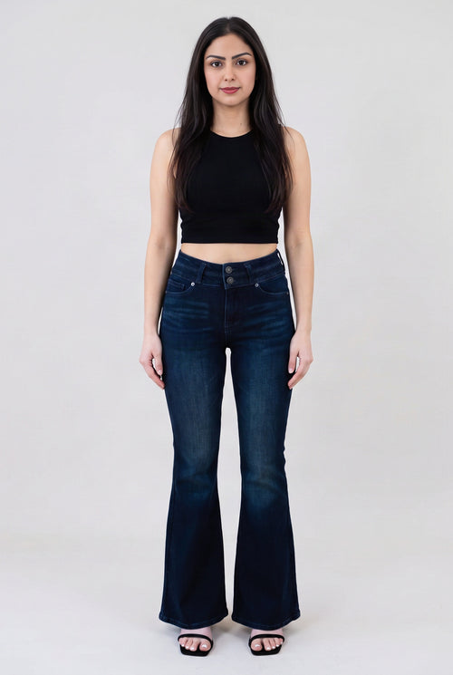 Always on My Mind high-rise flare jeans shown full length from the front in dark blue denim.