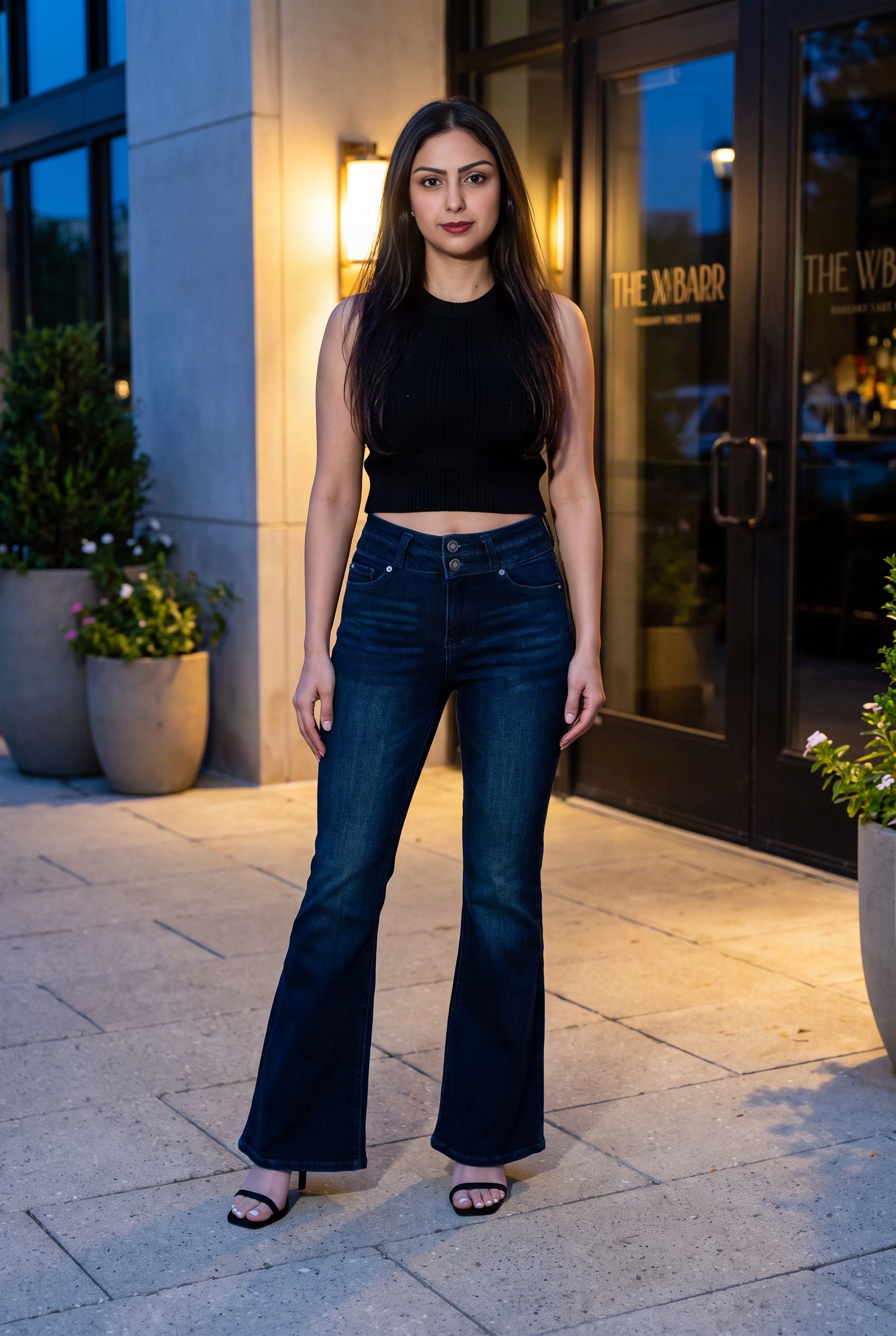 Always on My Mind dark blue flare jeans styled with heels for a retro-inspired night out.