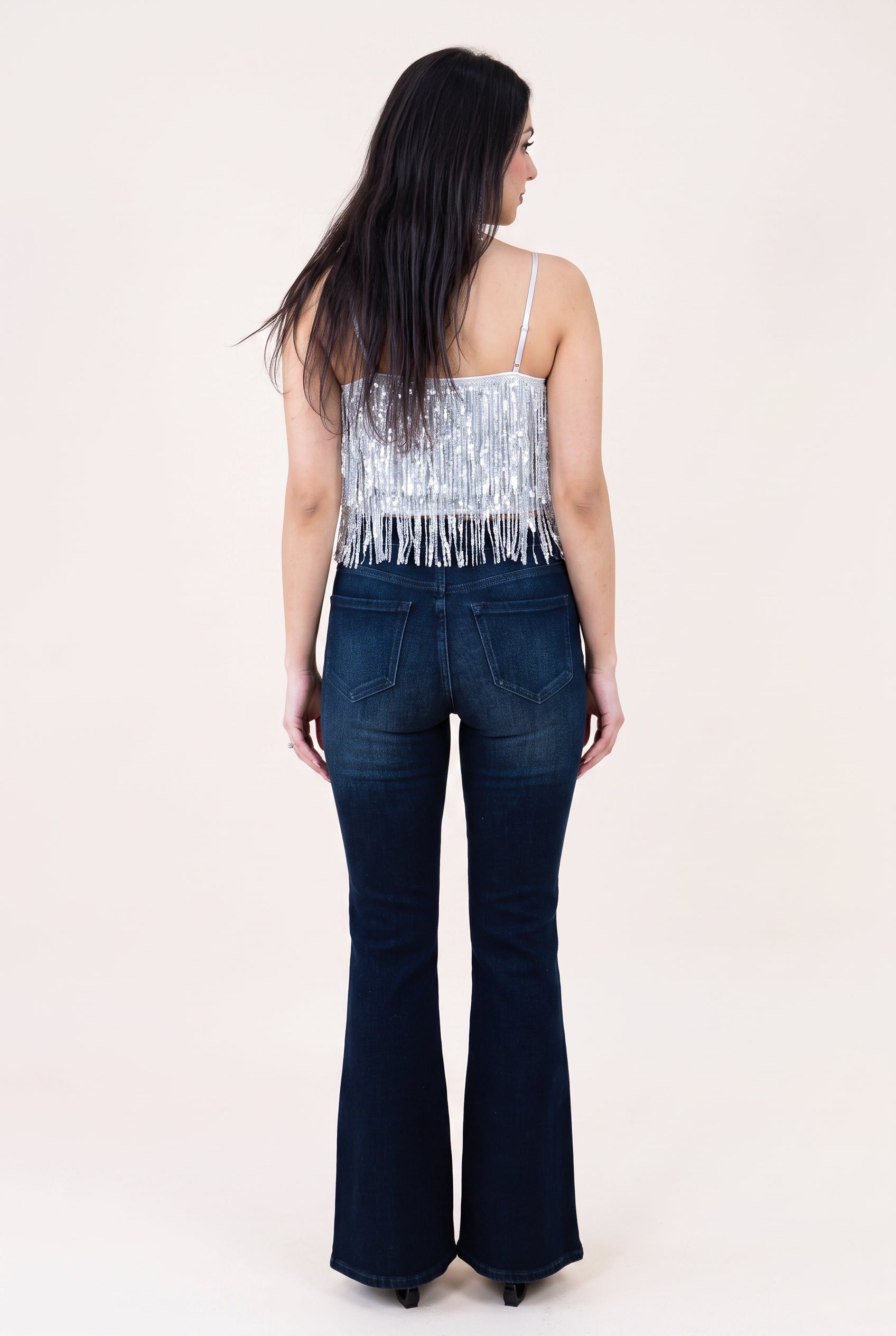 Back fit of the Always on My Mind flare jeans showing the high waist, shaped yoke and patch pockets.