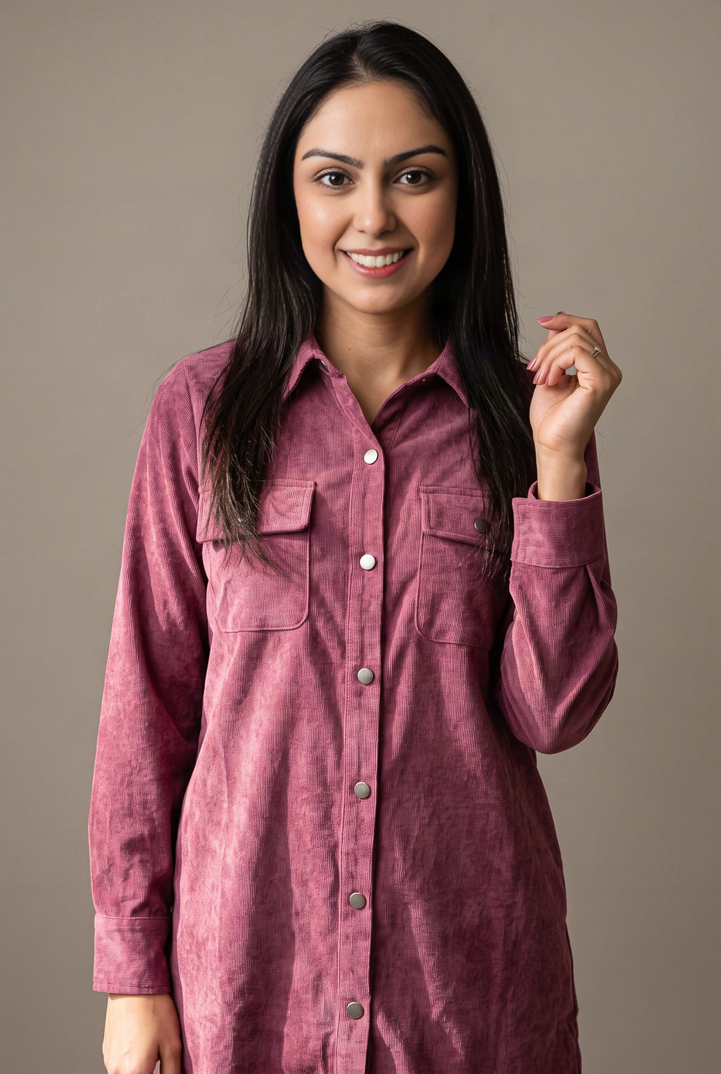 Corduroy, chest pocket and cuff details on the Part Of My Story shirt dress.