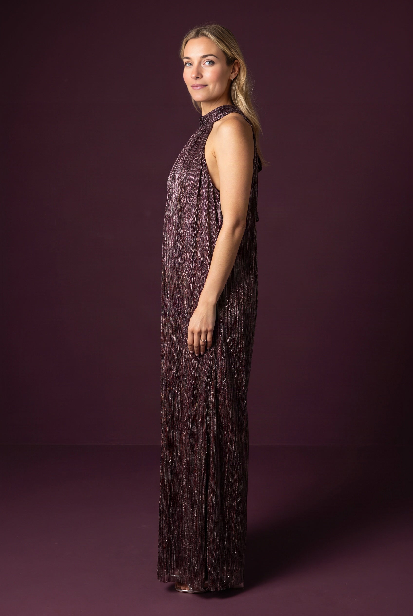 Side fit of the Medium All That She Wants Jumpsuit on Elsa, showing torso depth and wide legs.