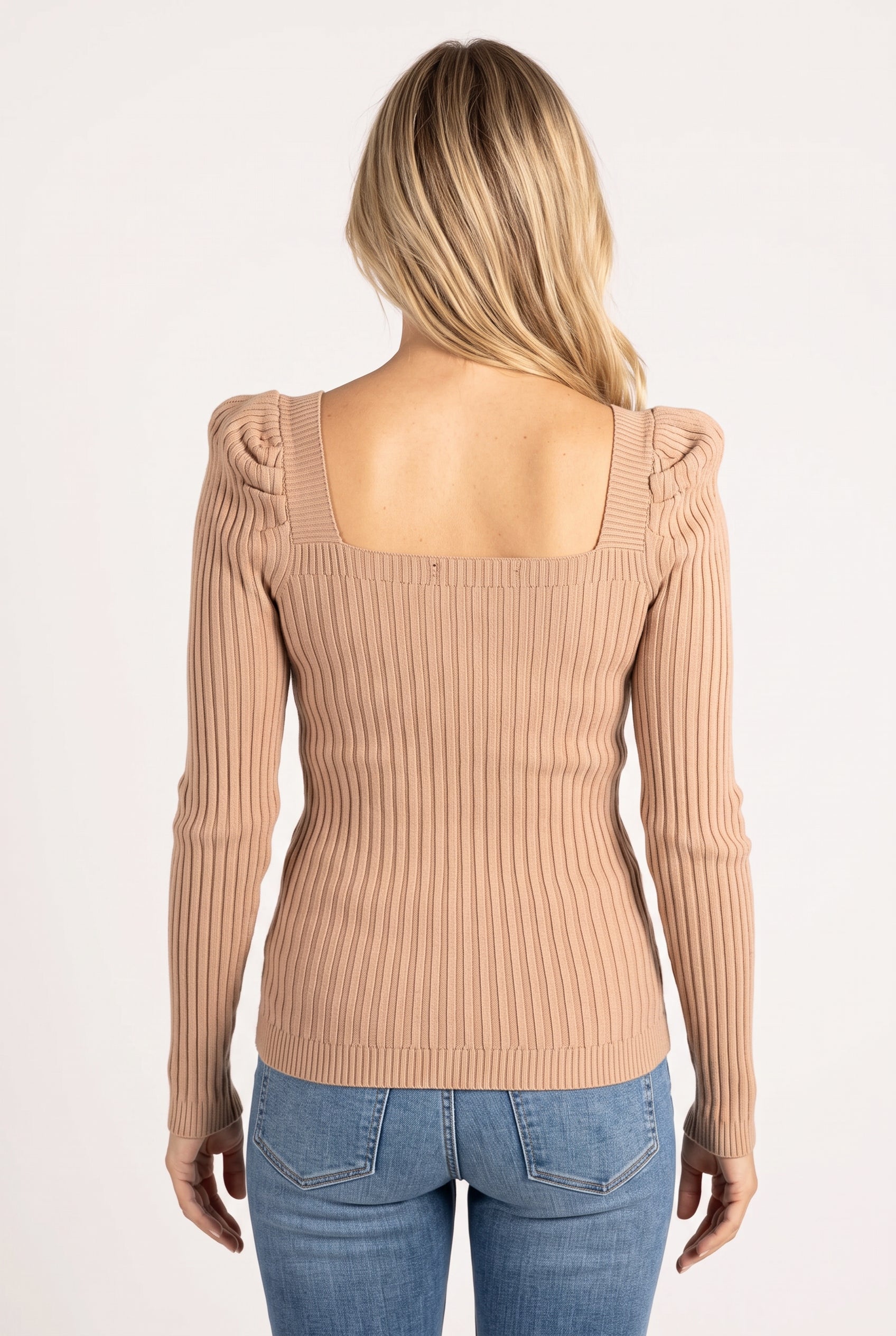 Back view of the My Way Square Neck Sweater showing the deep square back and untucked hip-length hem.