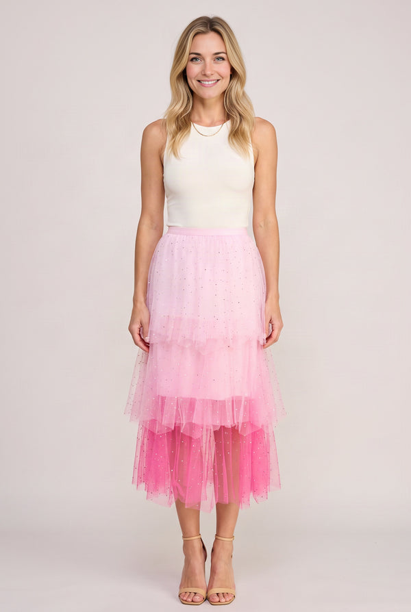 Front view of the Heart Over Mind pink tiered tulle midi skirt showing its full tonal silhouette.