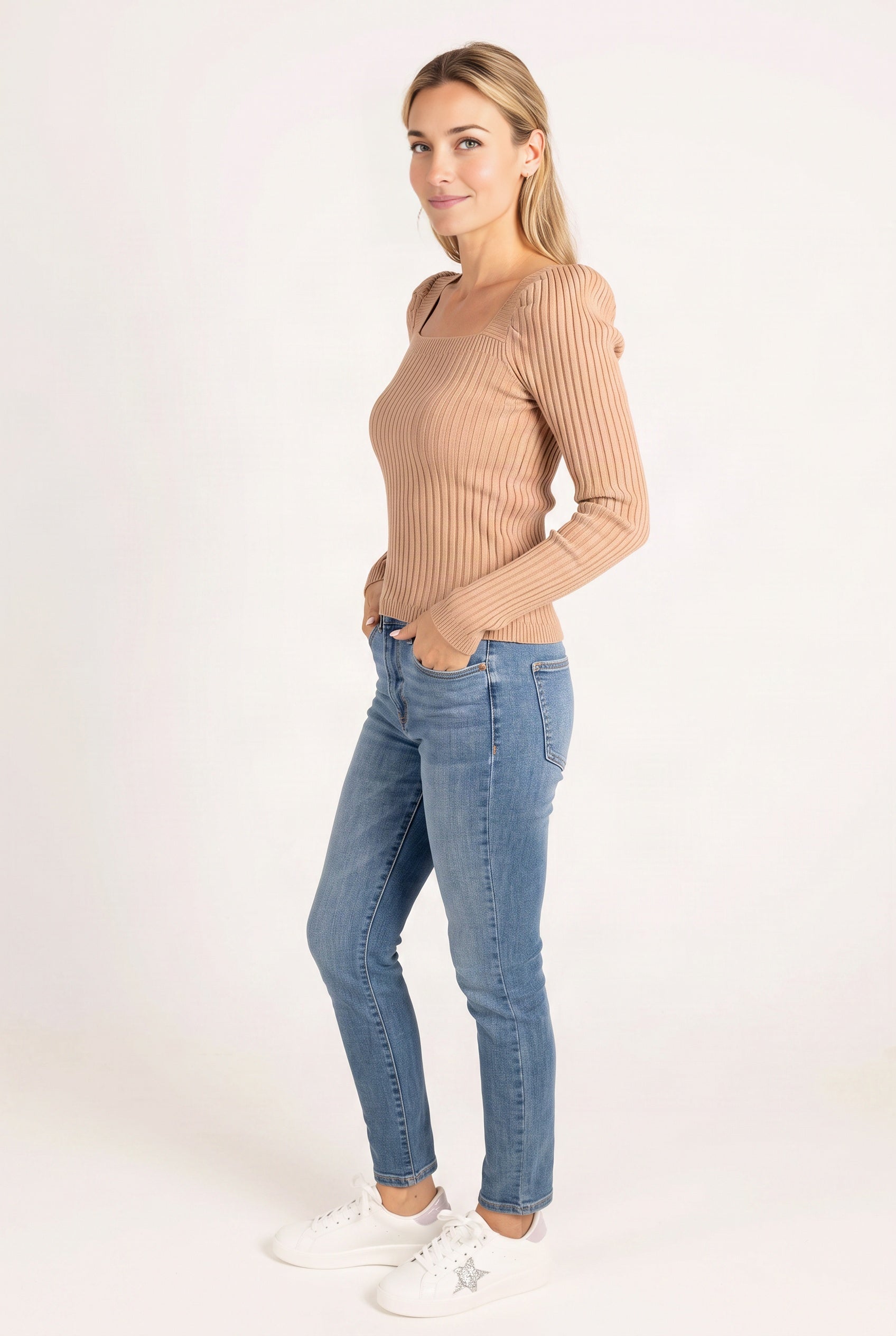 Side view of the My Way Square Neck Sweater showing the sculpted puff shoulder and close-fitting ribbed shape.