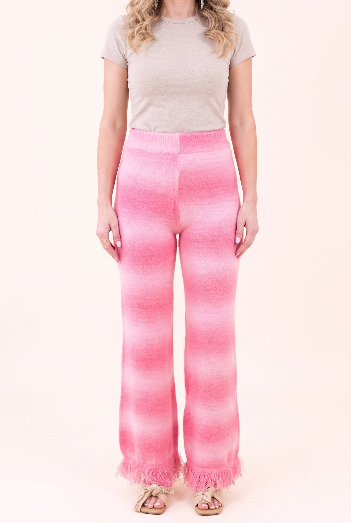 Softly Spoken pink ombré pants showing the full front fit, visible waist and long fringed hems.