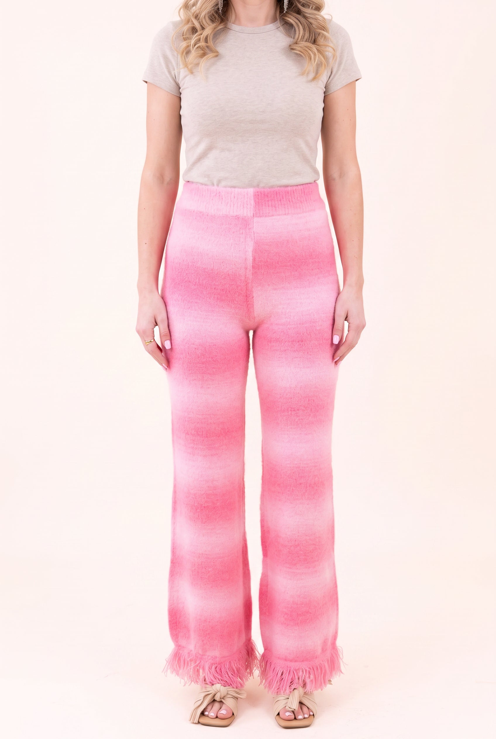 Softly Spoken pink ombré pants showing the full front fit, visible waist and long fringed hems.