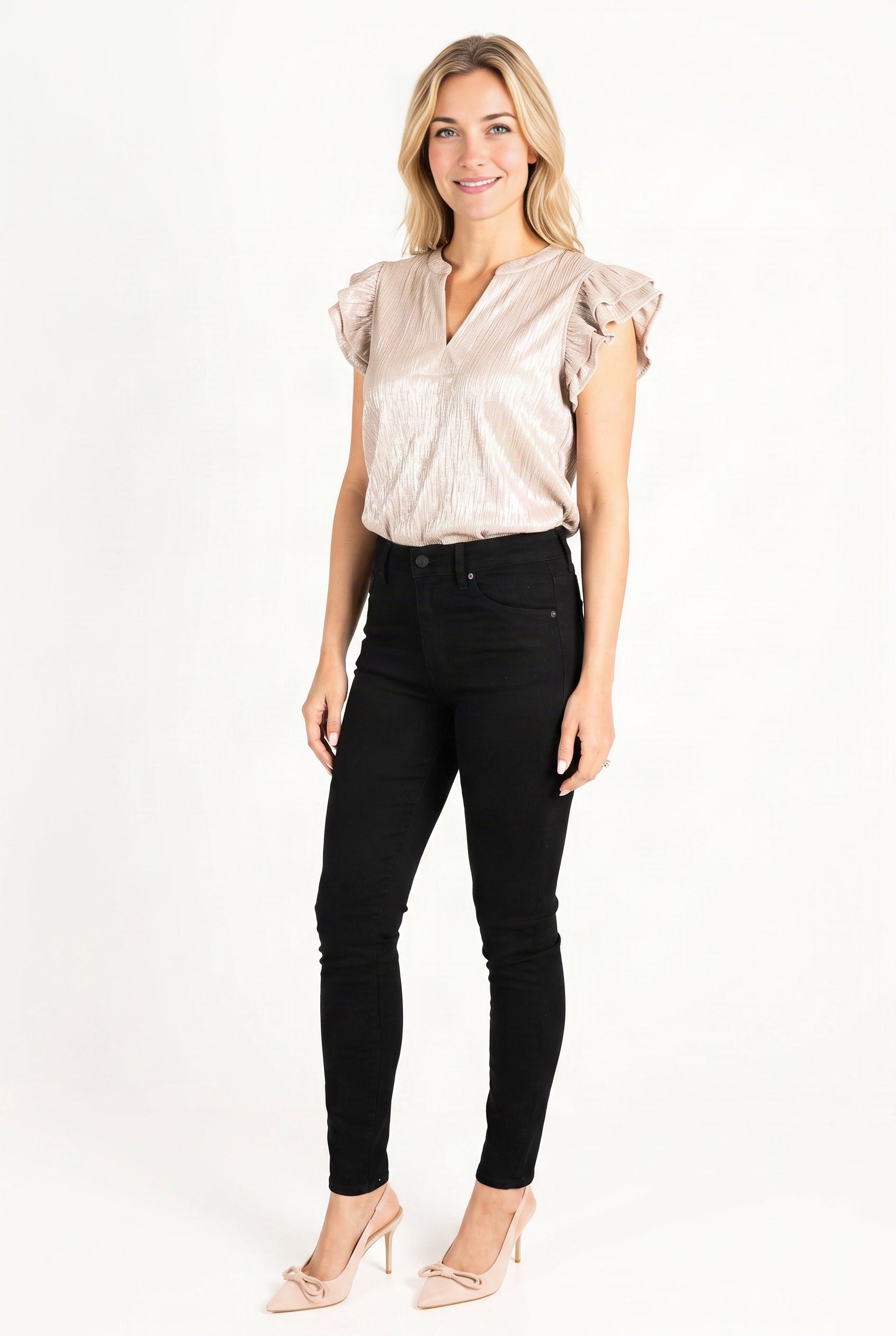 Three-quarter view of Just Agree With Me black jeans showing the rise, hip fit and tapered leg.
