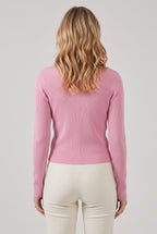 Back view of the pink I Don't Care Cardigan Sweater showing its fitted shape and hem.