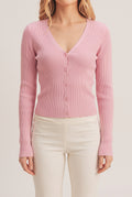 Front fit of the pink I Don't Care Cardigan Sweater in Medium on Elsa.