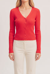 Front fit of the red I Don't Care Cardigan Sweater in Medium on Elsa.