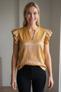 Mustard What Just Happened Ruffle Sleeve Top showing its relaxed front fit and hip-length hem.