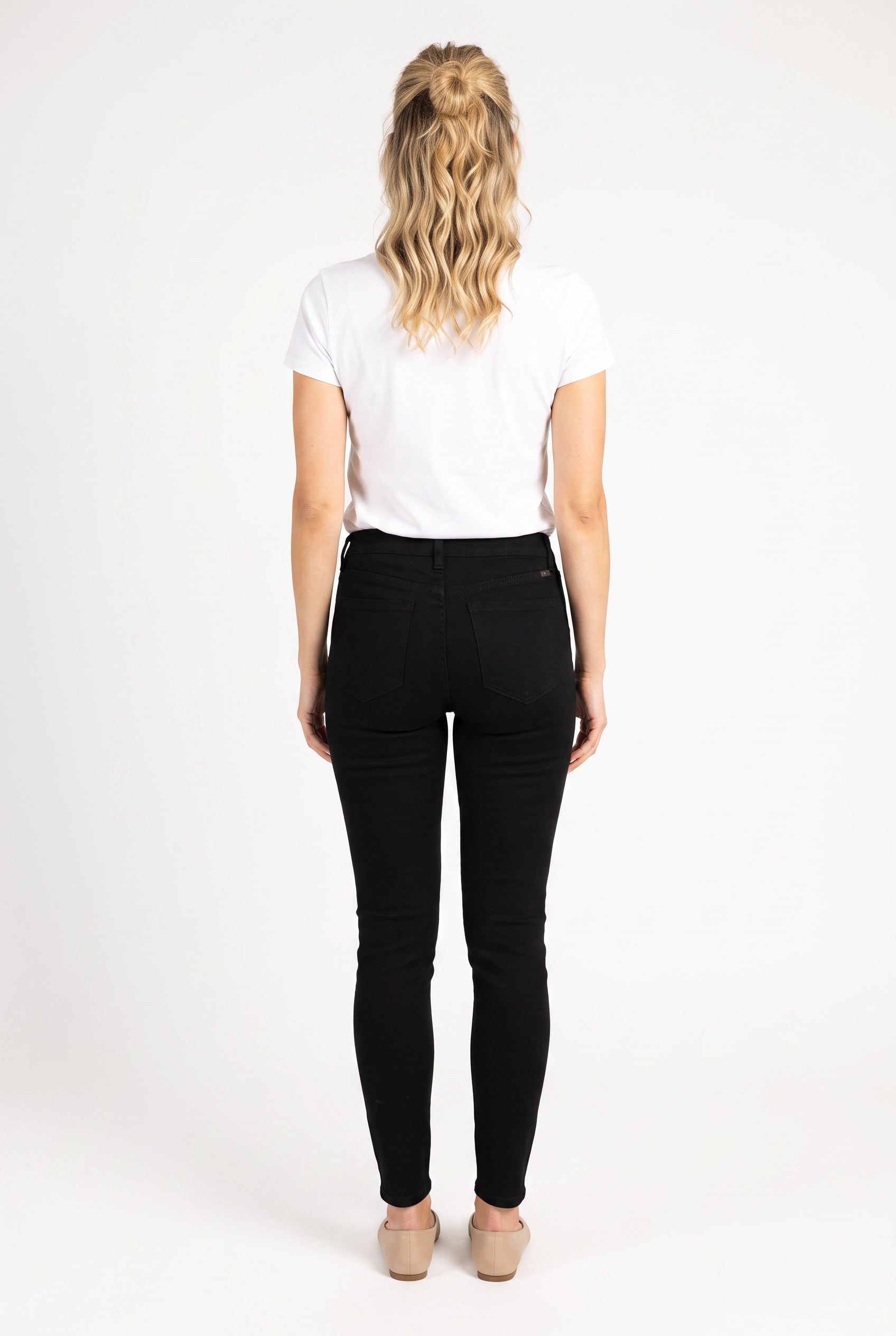 Full back view of Just Agree With Me black jeans showing the yoke, patch pockets and tapered legs.