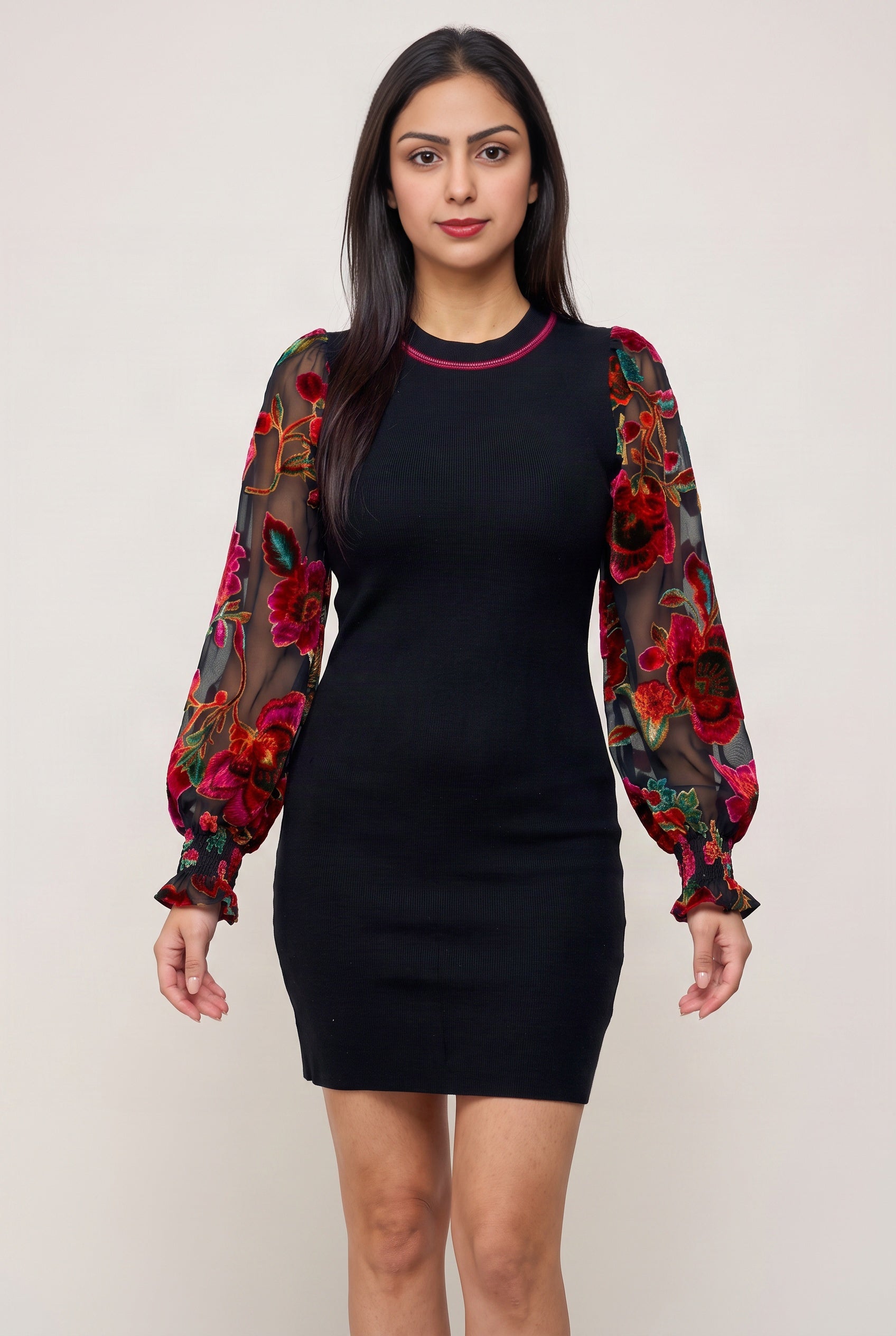Front fit of You're My Favorite Sweater Dress with sheer floral balloon sleeves.