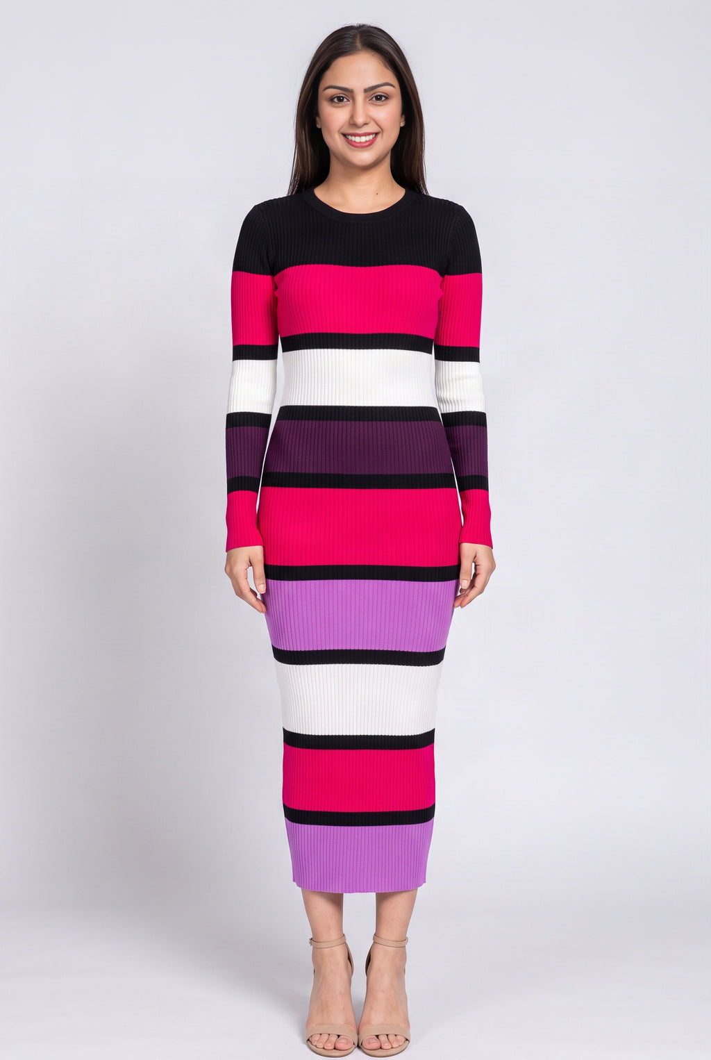 Front view of the multicolor rib-knit sweater dress showing its fitted near-ankle silhouette.