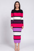Front view of the multicolor rib-knit sweater dress showing its fitted near-ankle silhouette.