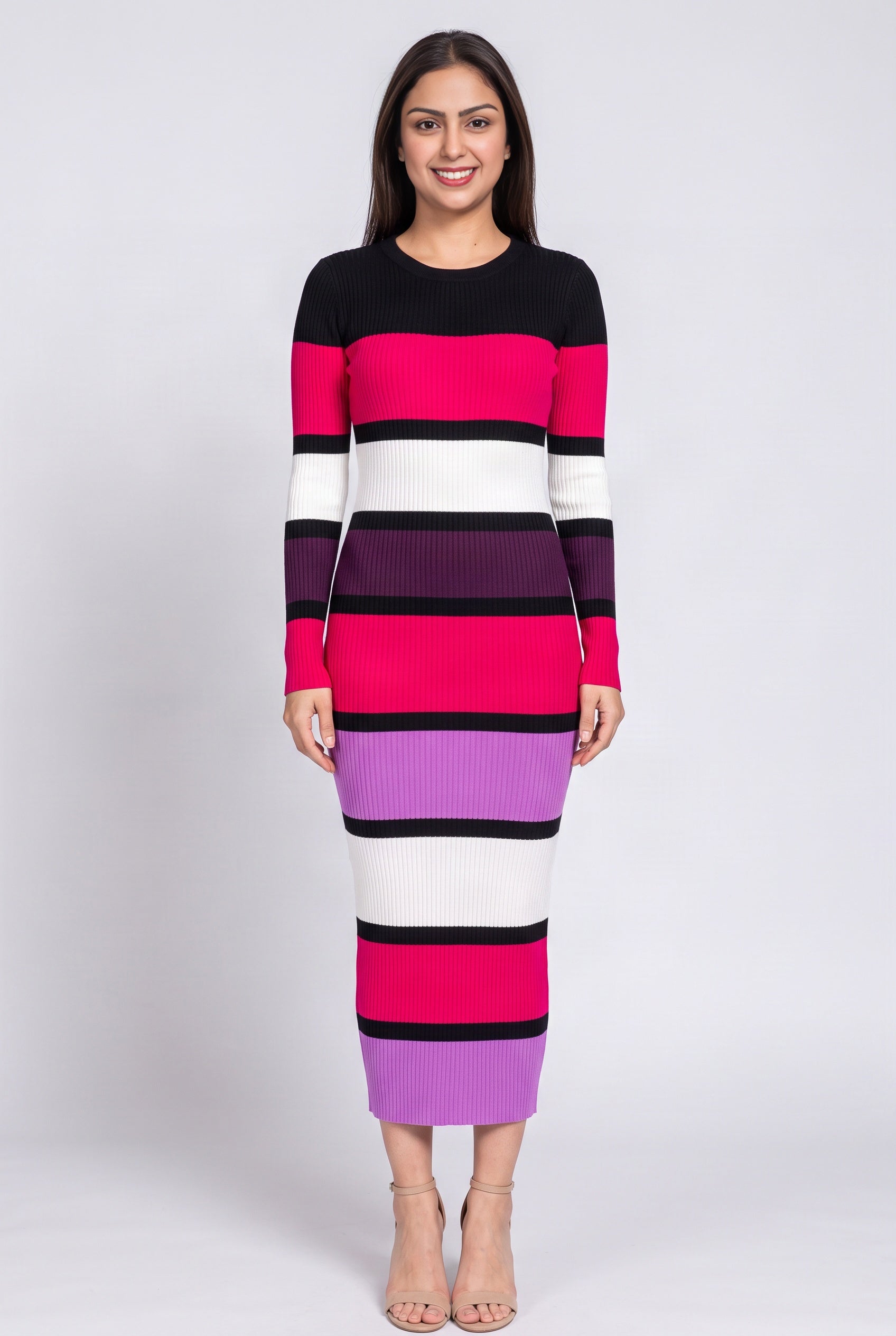Front view of the multicolor rib-knit sweater dress showing its fitted near-ankle silhouette.
