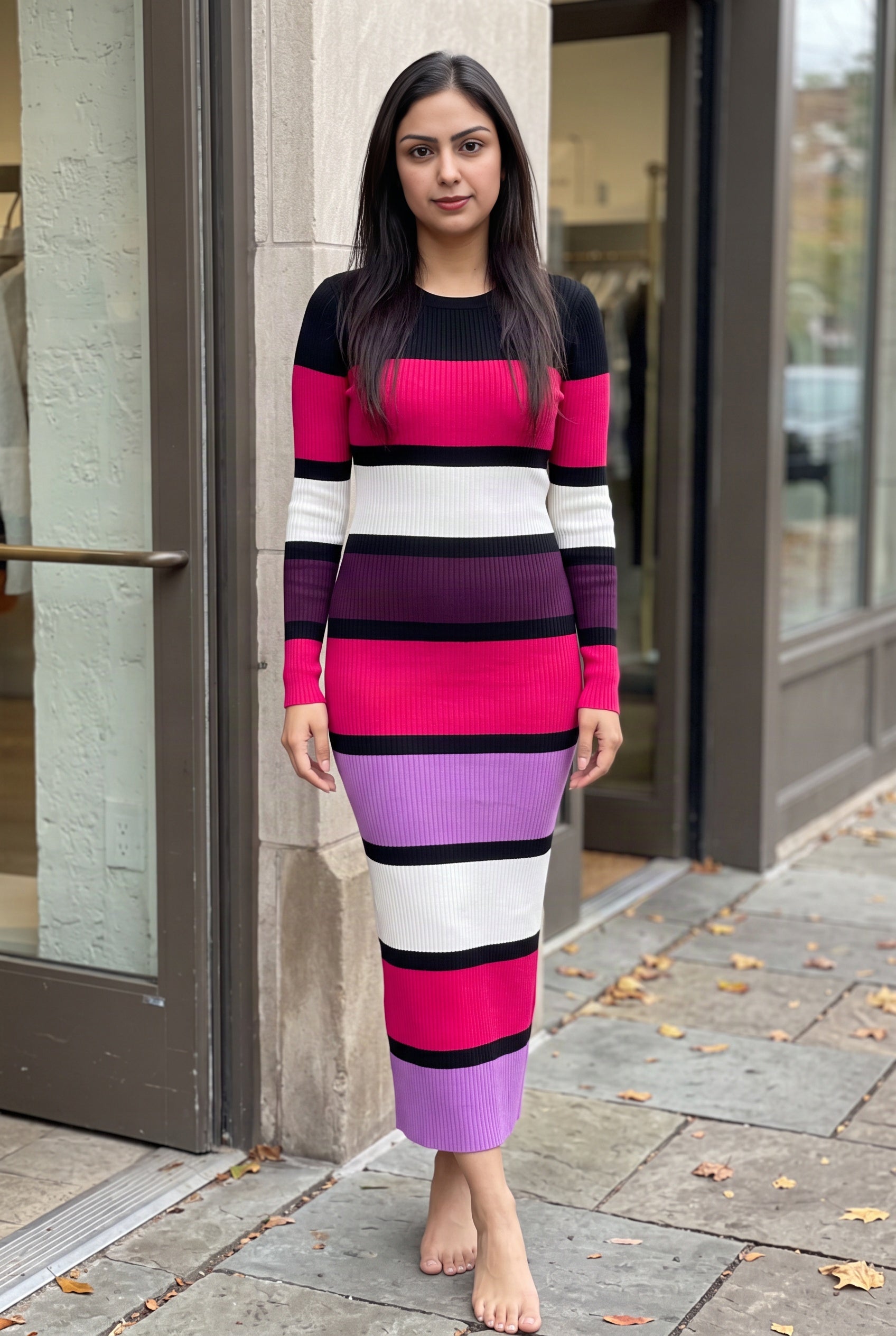 Multicolor sweater dress worn beside a city storefront, showing its near-ankle length in everyday styling.