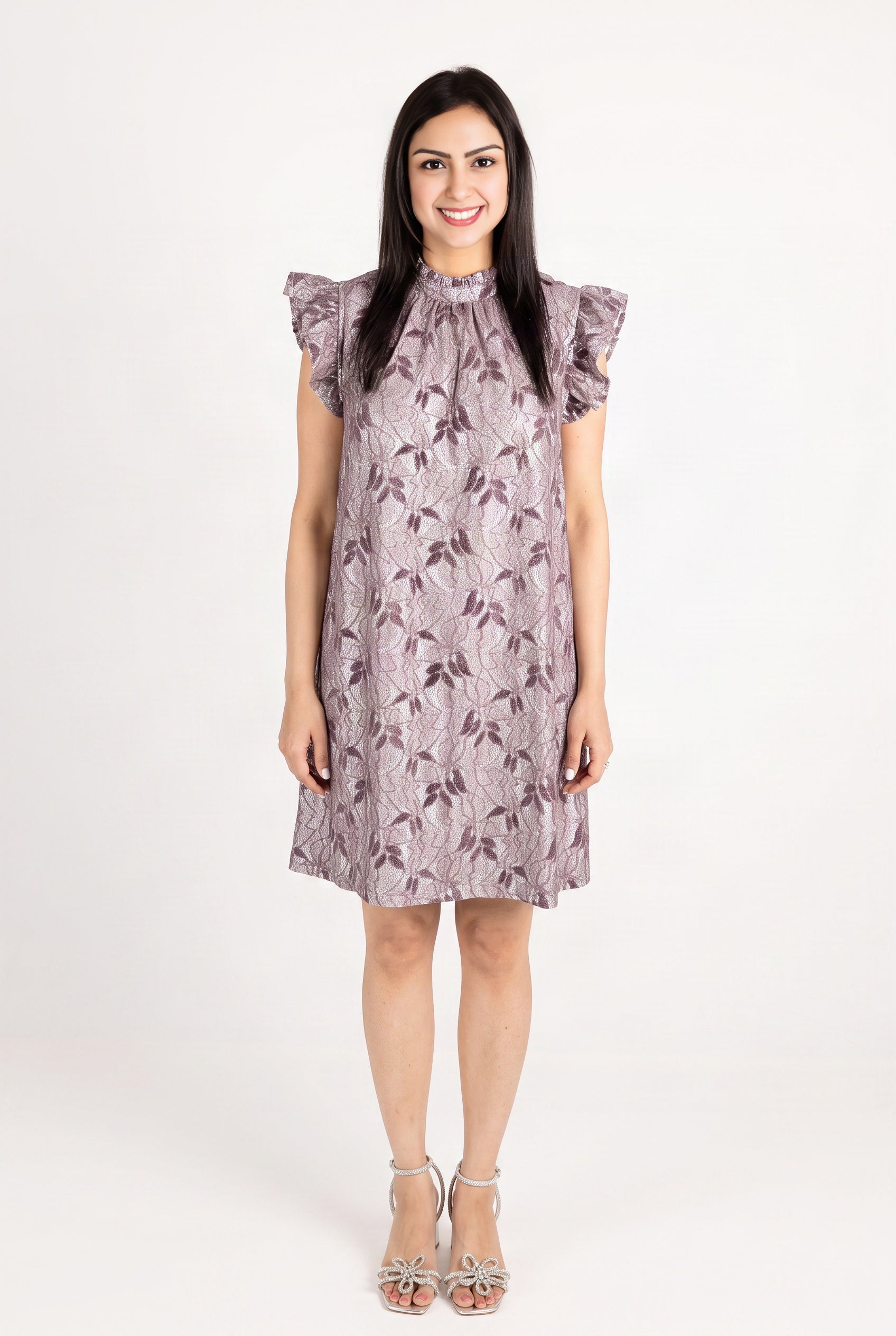 Front view of the Lavender For the First Time Shift Dress showing its loose A-line shape and full hem.