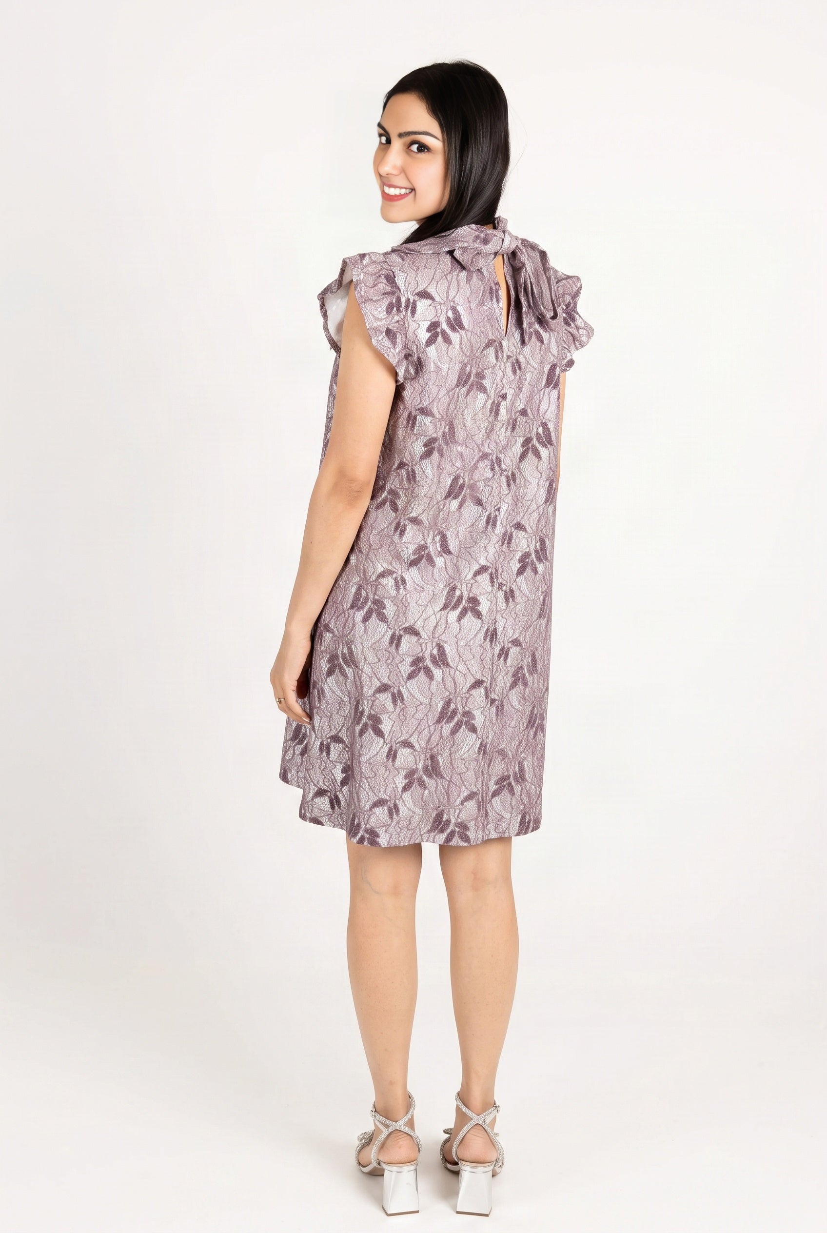 Back view of the Lavender shift dress showing the neck bow, keyhole opening and loose silhouette.