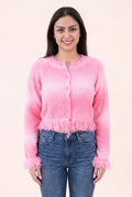 Front view of the pink fuzzy cropped cardigan showing its button front, neckline and waist length.