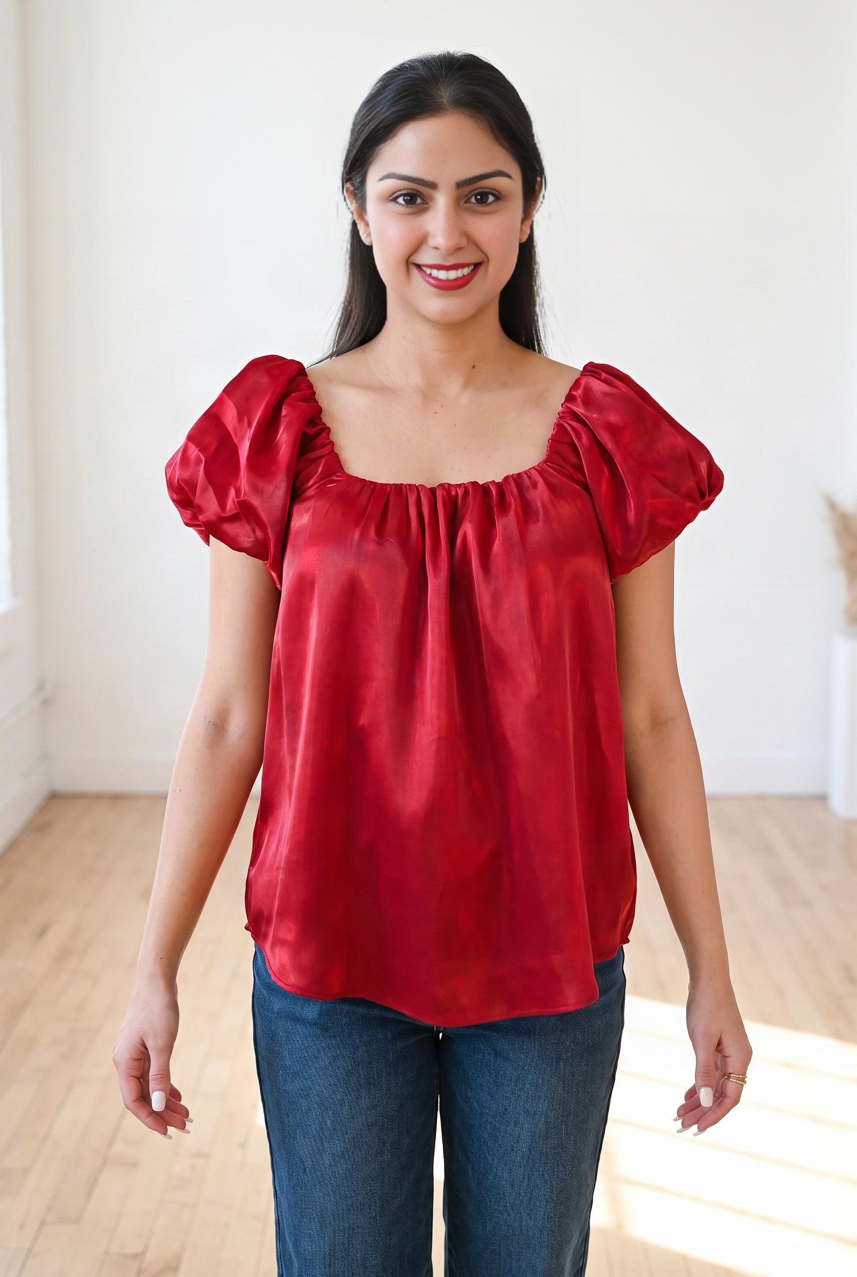 Front fit of the red Until I Found Her satin top with its square neckline, puff sleeves and relaxed body.