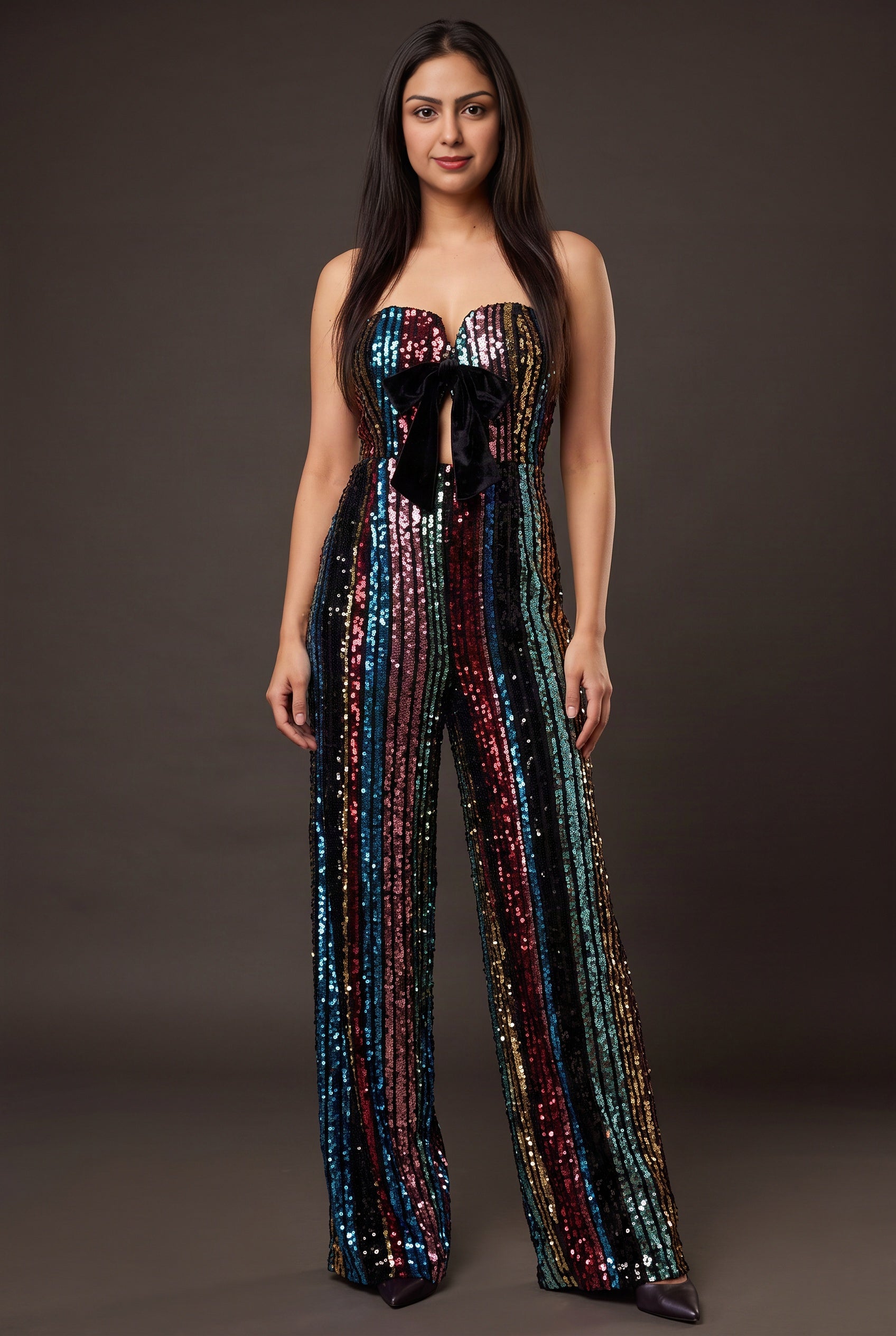 Front fit of the Don't Start Now multicolor sequin jumpsuit on Shweta.