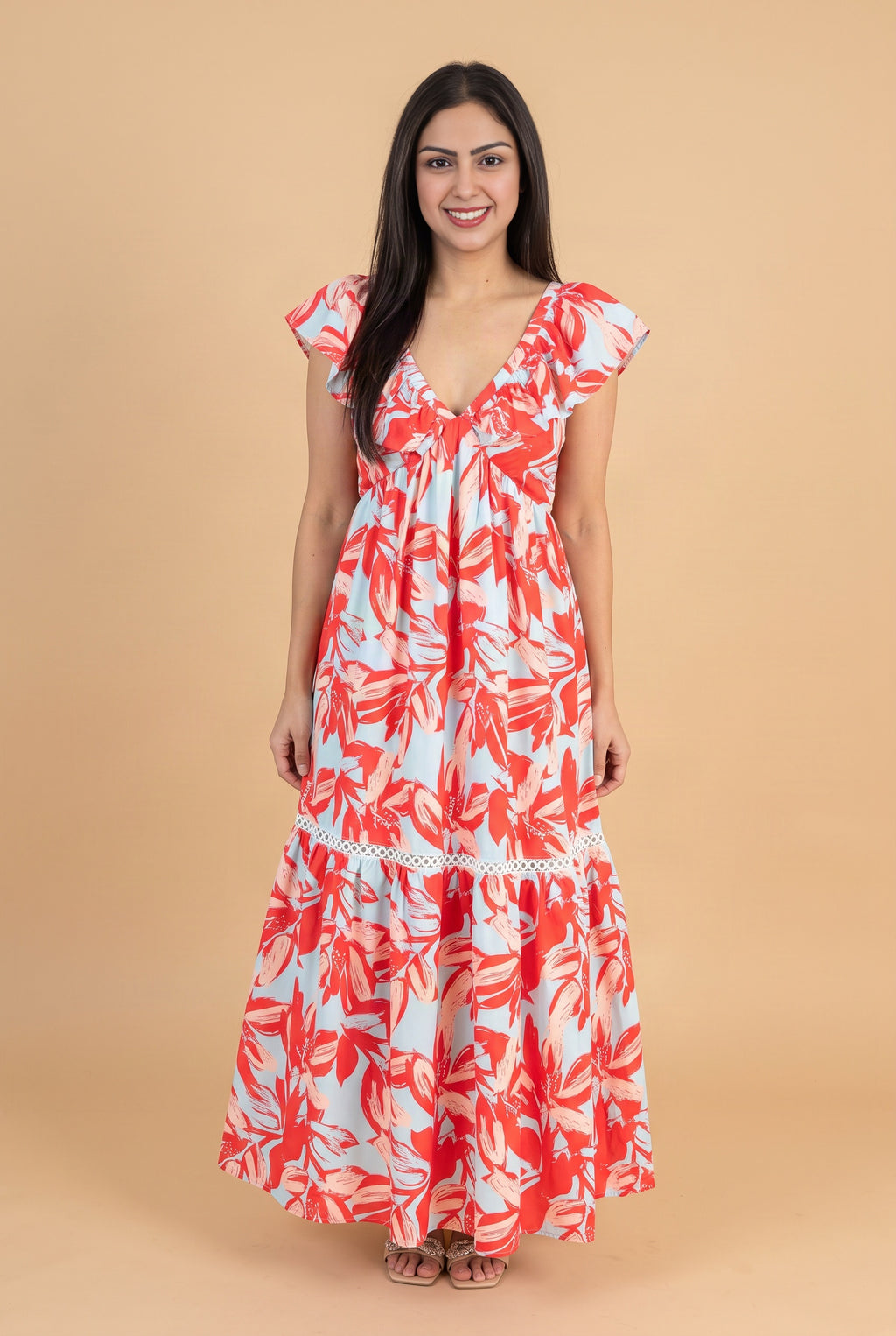 Painted The Sky Floral Maxi Dress in a neutral front view showing its relaxed empire silhouette and maxi length.