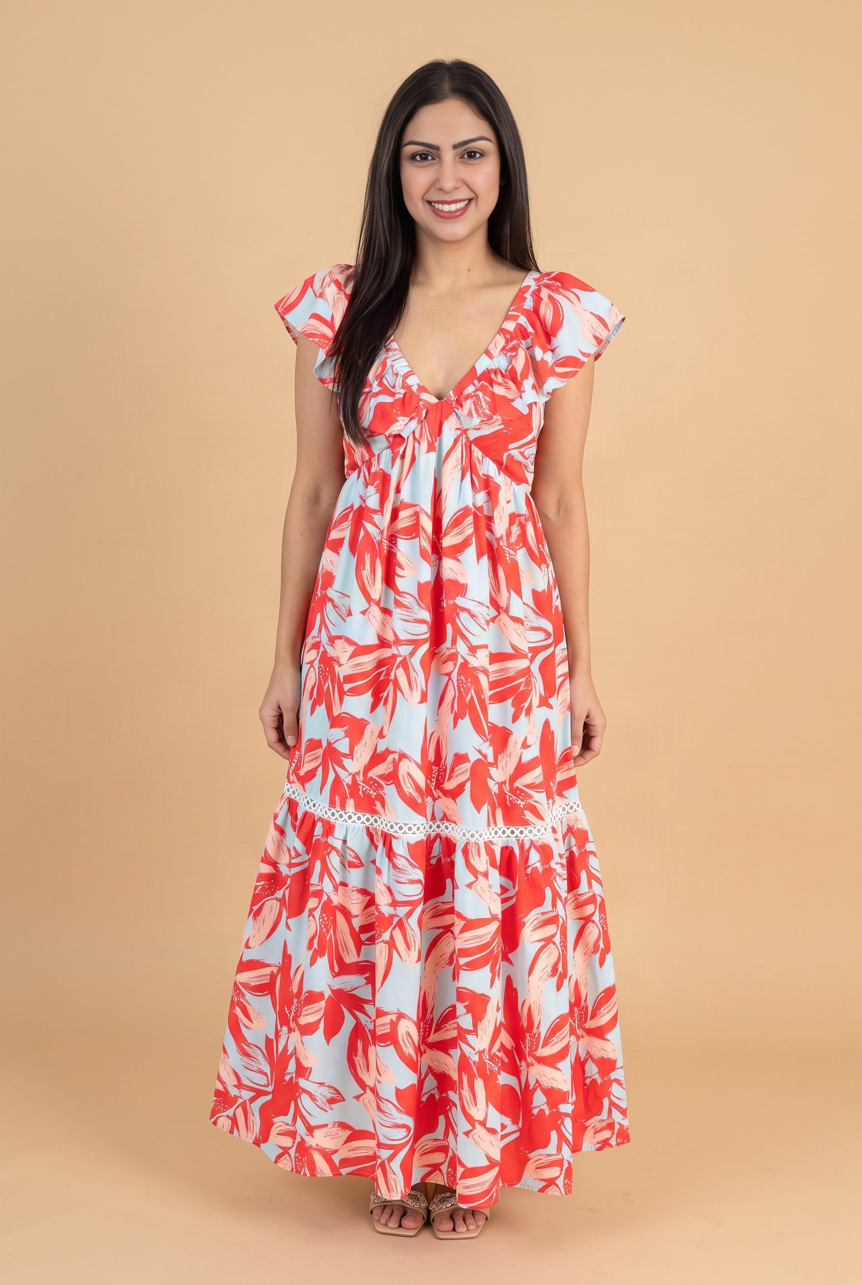 Painted The Sky Floral Maxi Dress in a neutral front view showing its relaxed empire silhouette and maxi length.