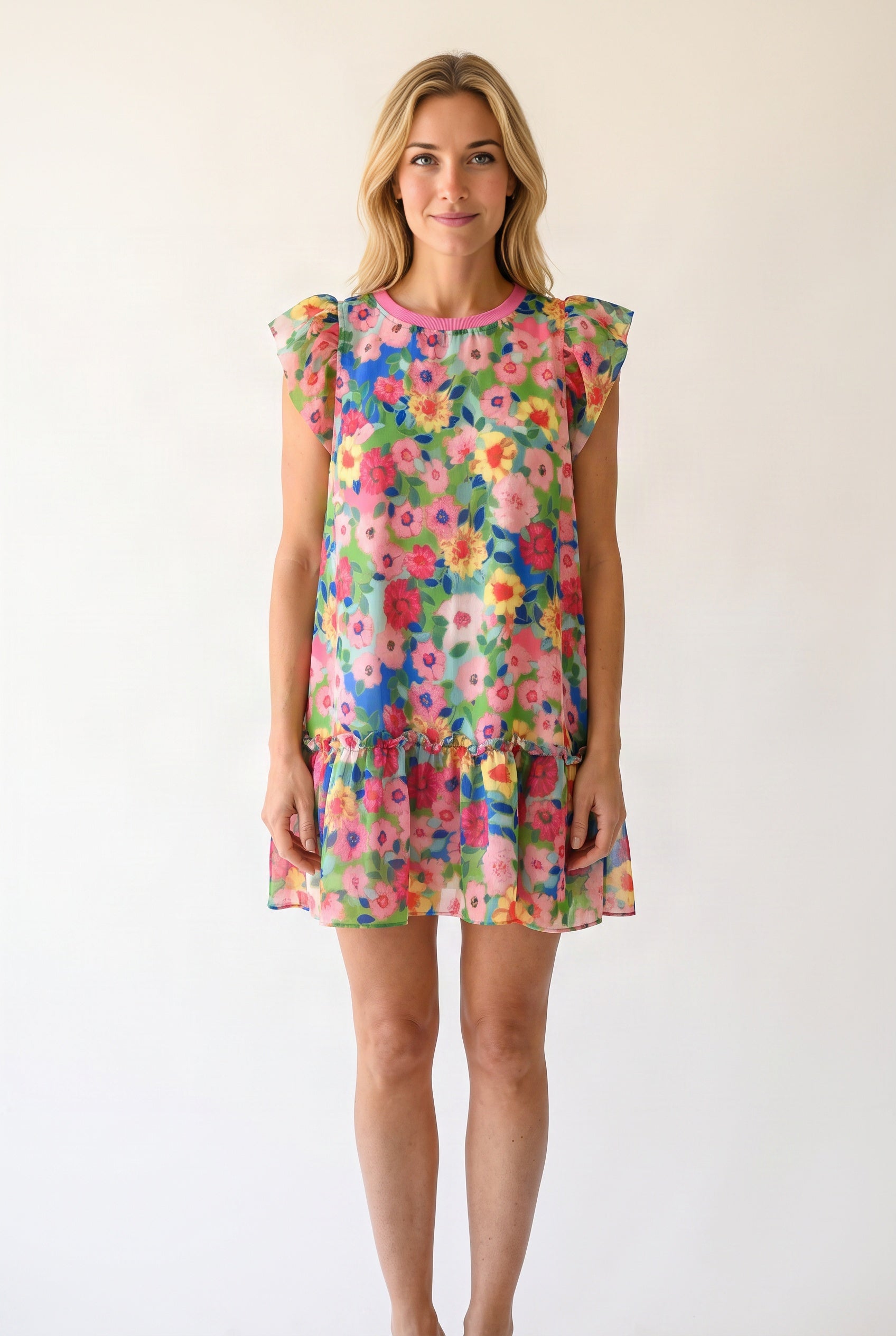 Elsa wearing the Keep Blooming floral mini dress, showing its loose A-line fit and above-knee length.