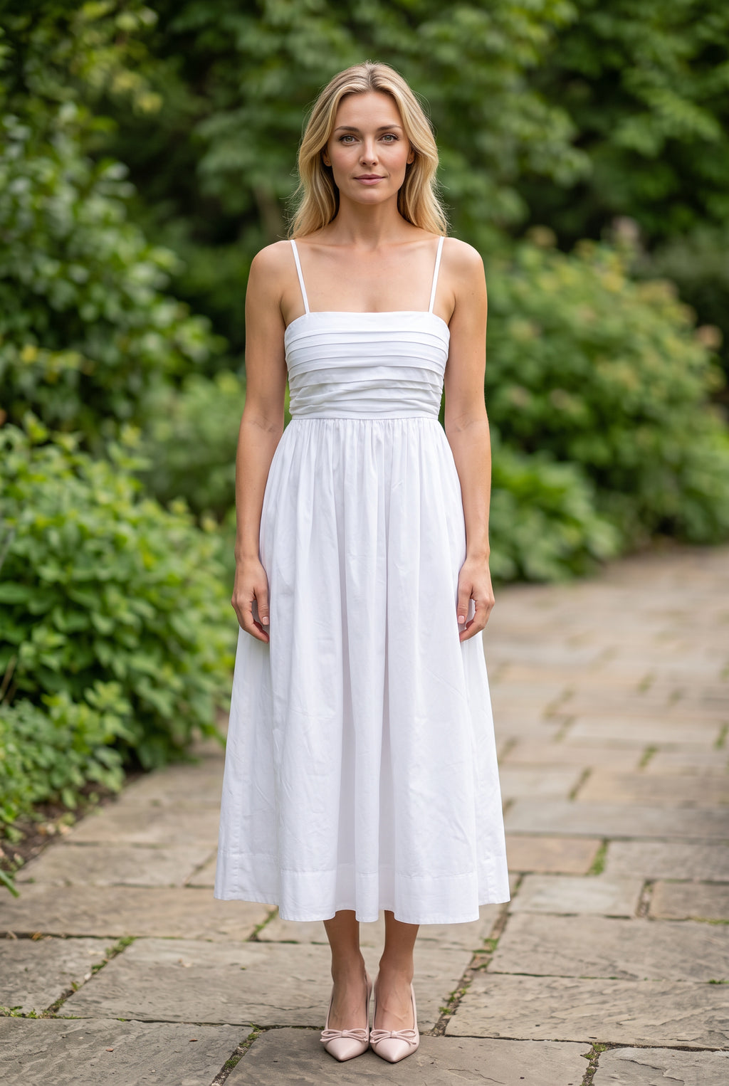 Love Actually White Pleated Midi Dress styled for a polished daytime garden event.