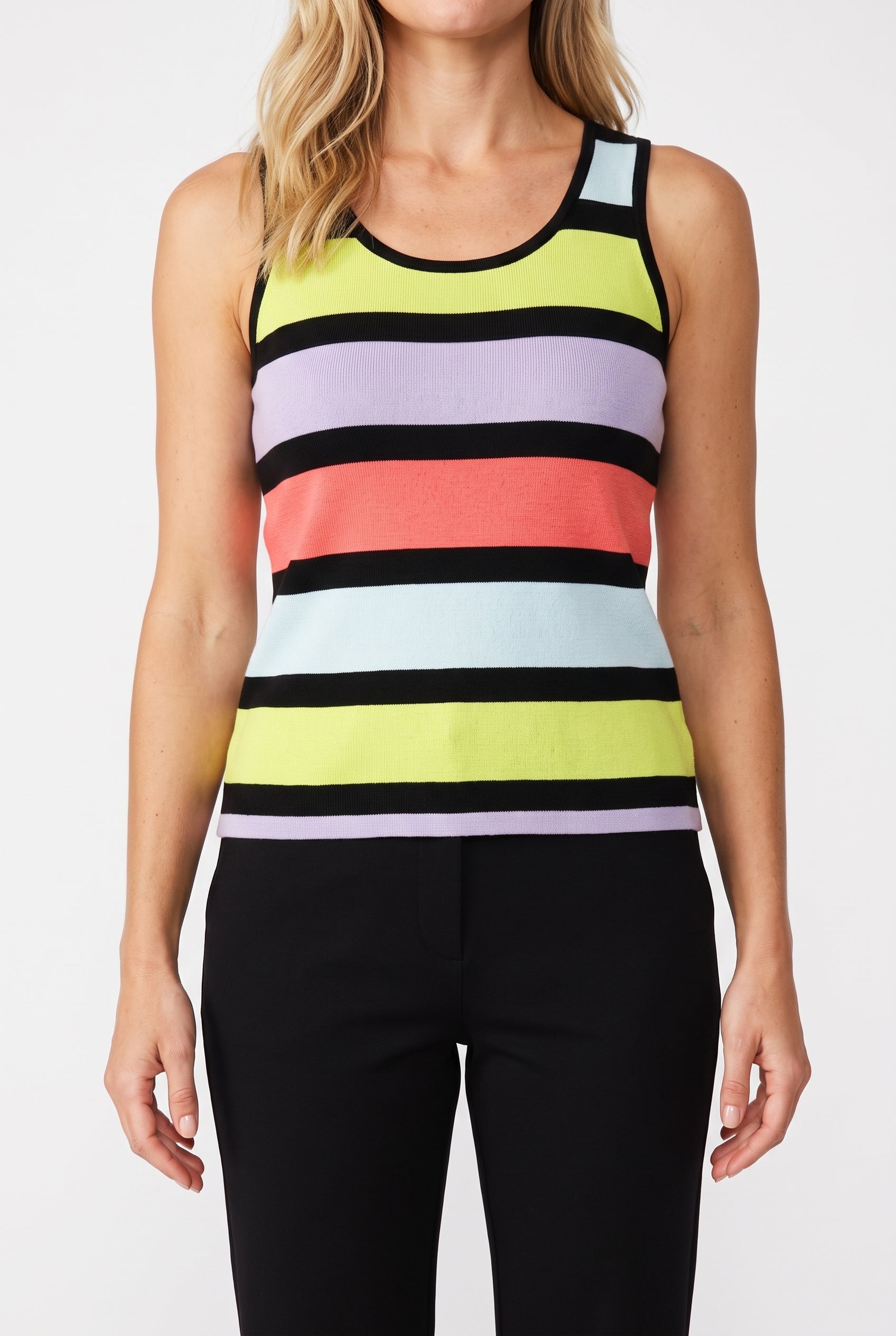Front fit of the Calm Down Striped Tank Top showing its shaped waist and hip-length hem.