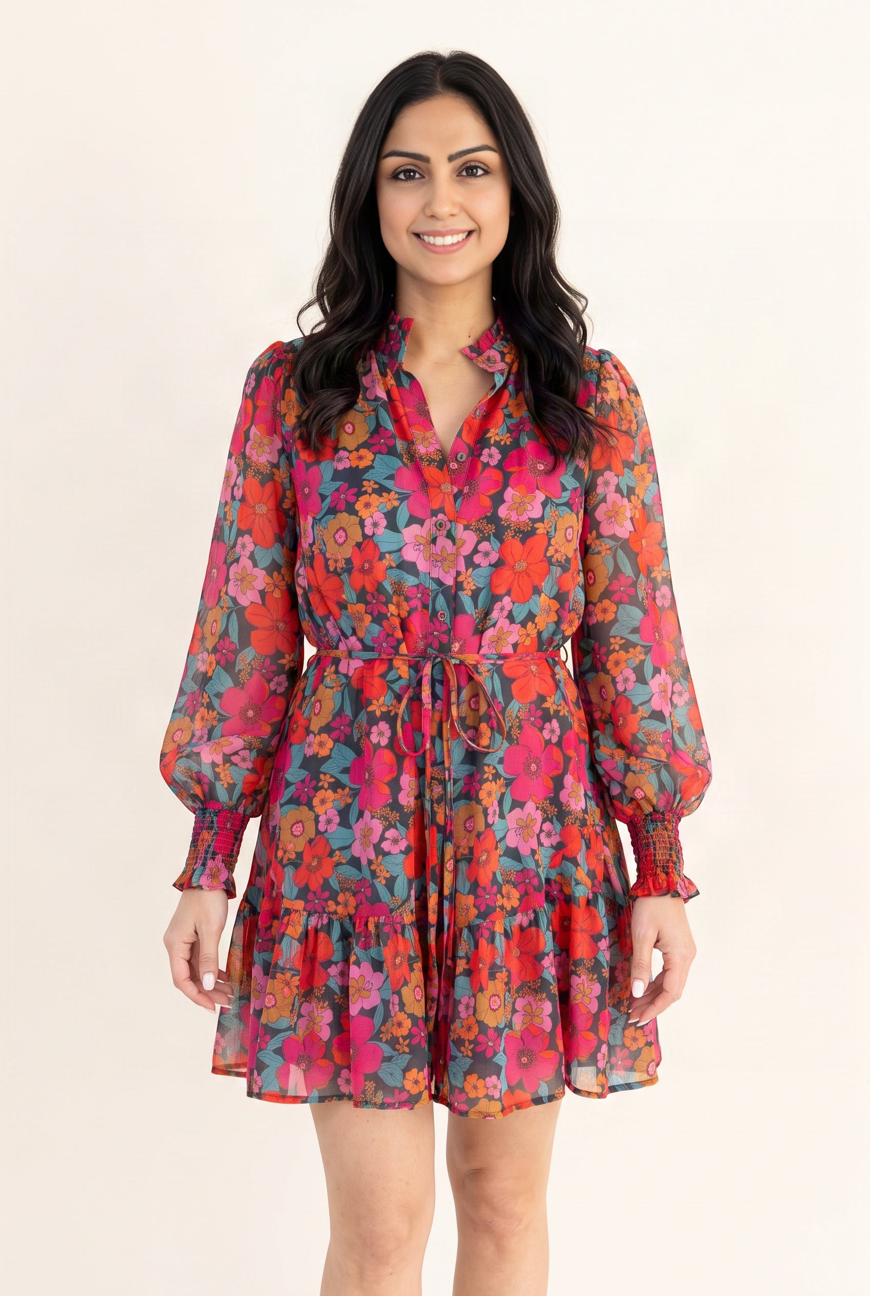 Only If You Knew Floral Dress in Small, showing the V-neck, waist tie and mini silhouette