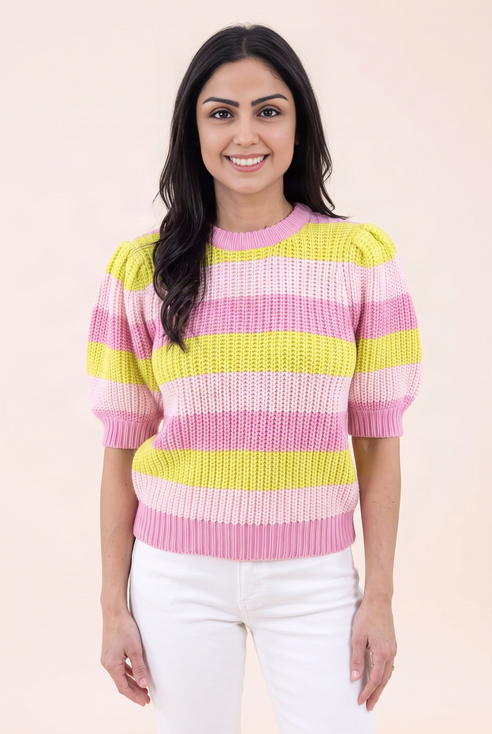 Share Your Story Sweater Top in Small showing the relaxed front fit, puff sleeves, and ribbed hem.