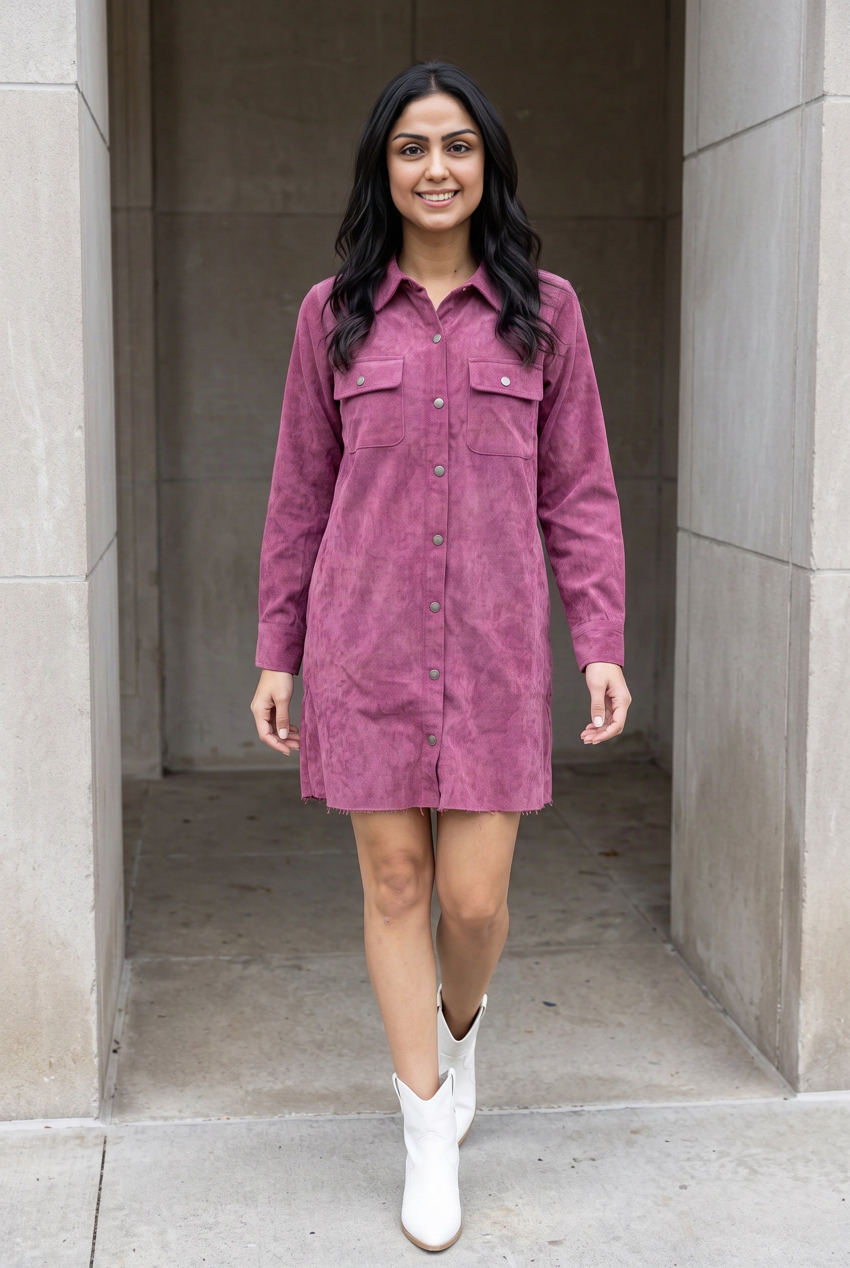Shweta wearing the Small mauve corduroy shirt dress for an everyday outing with ankle boots.