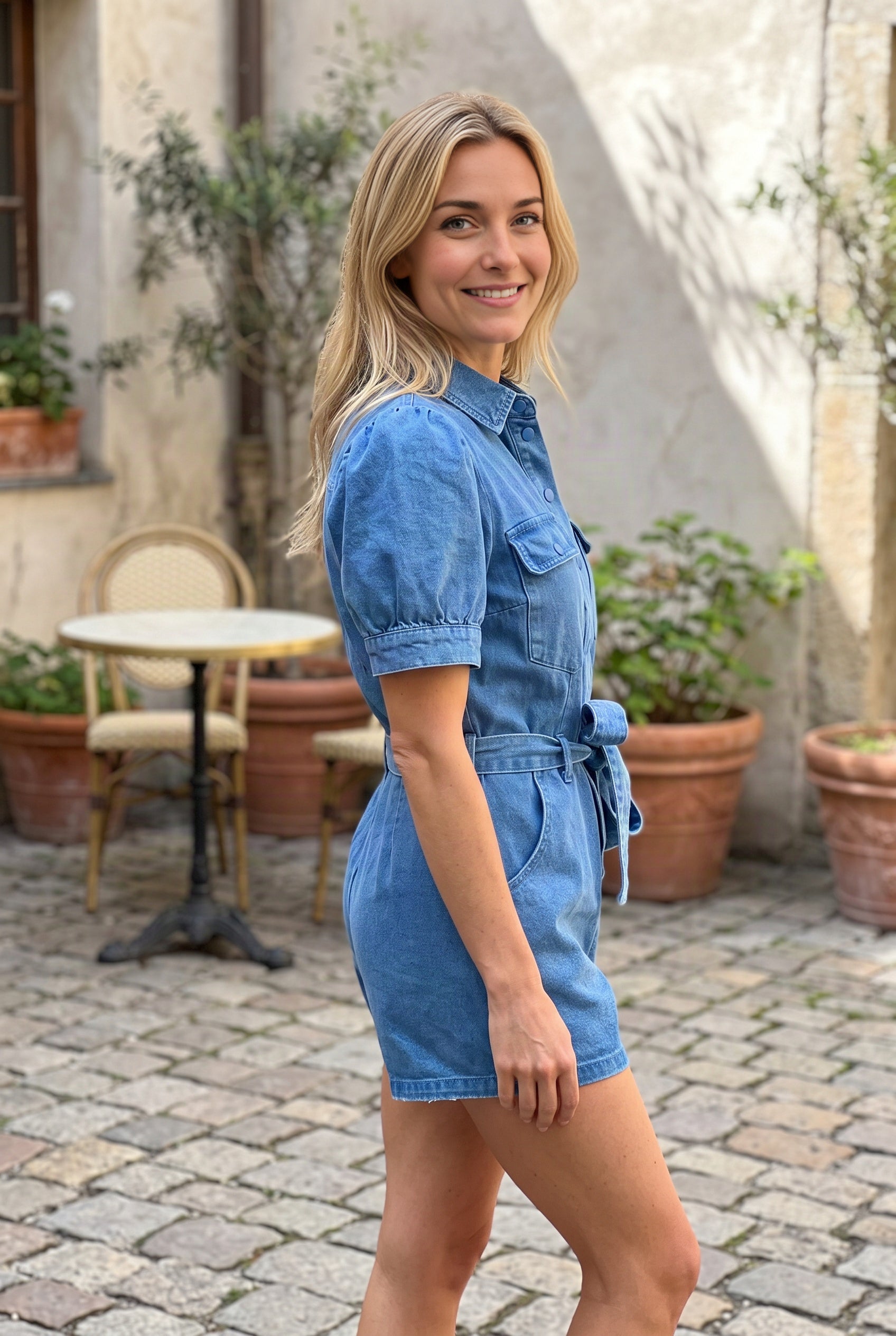 Angled side view of the denim romper showing its puff sleeve, belted waist and relaxed shorts.