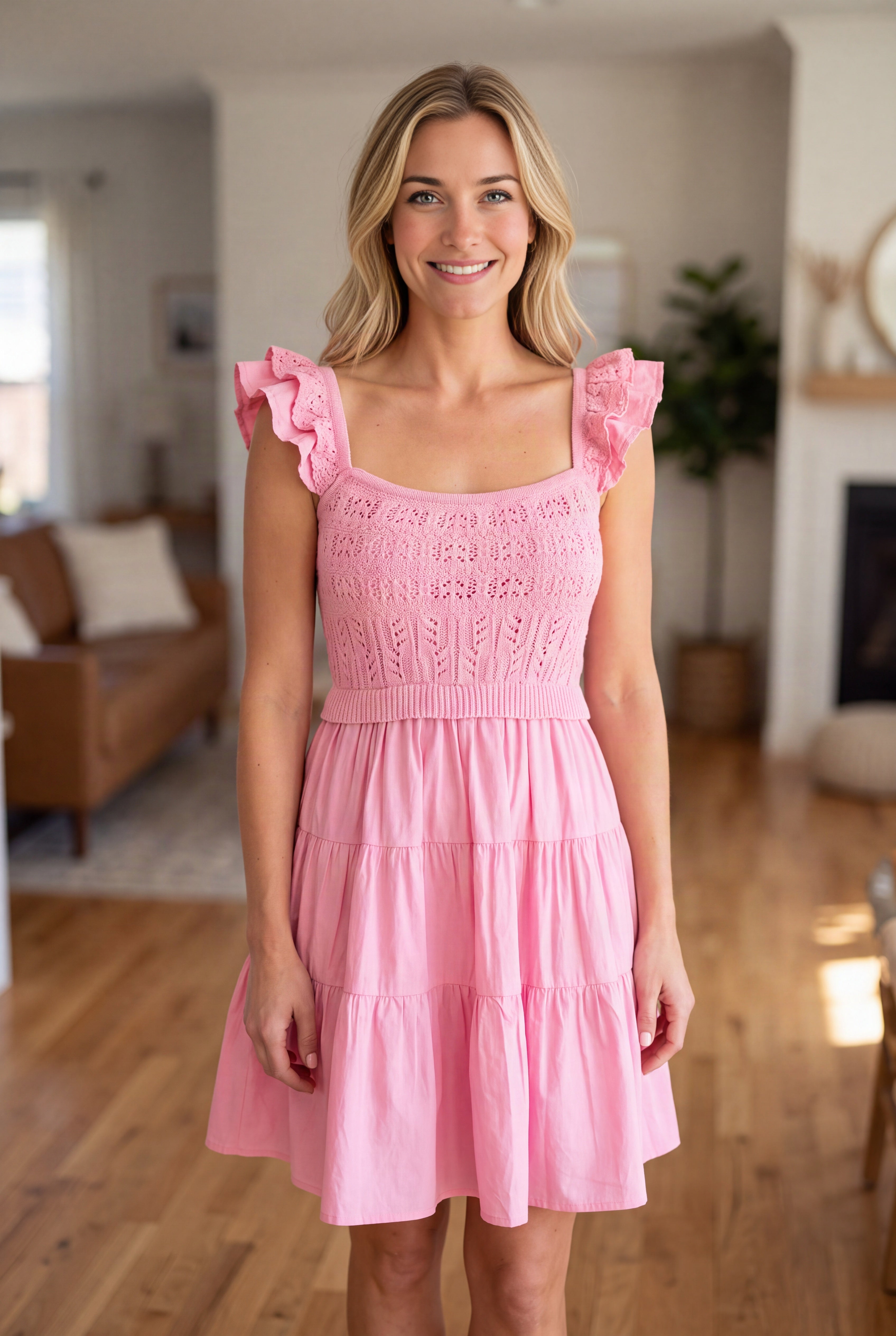 Close view of the pink dress showing the openwork bodice, ribbed waist and layered shoulder ruffles.