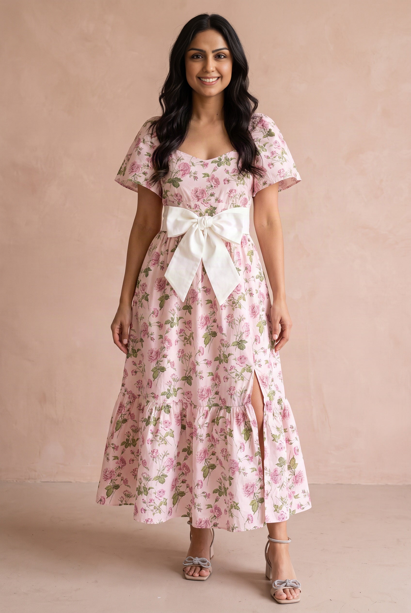 Front view of the pink floral maxi dress showing the bow waist, tiered skirt, and closed side slit.