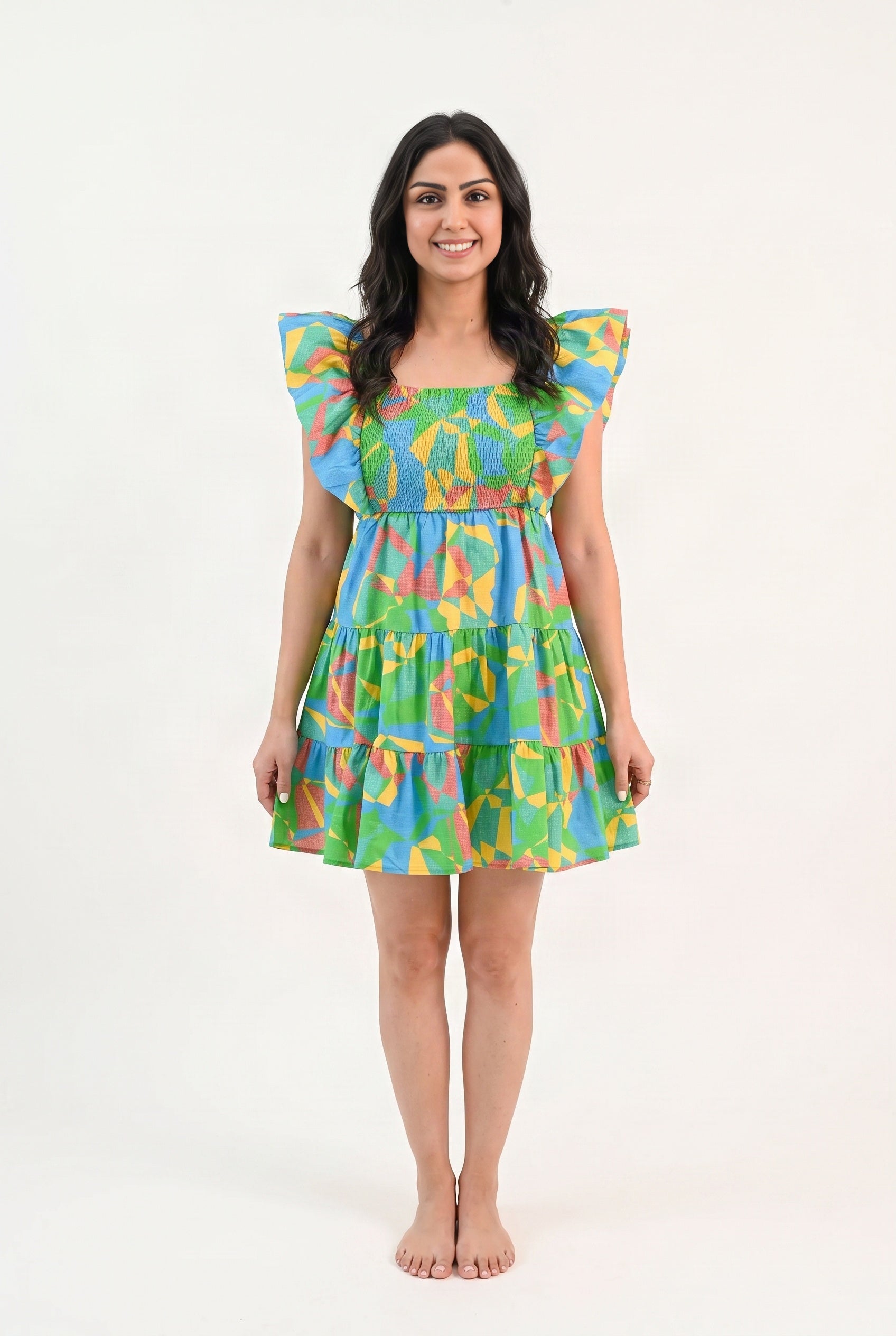 Front fit of the Radiant As Always Flutter Sleeve Dress in Small on Shweta.