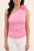 Roses For Me pink one-shoulder top showing its asymmetric neckline, rose and fitted ruched shape.