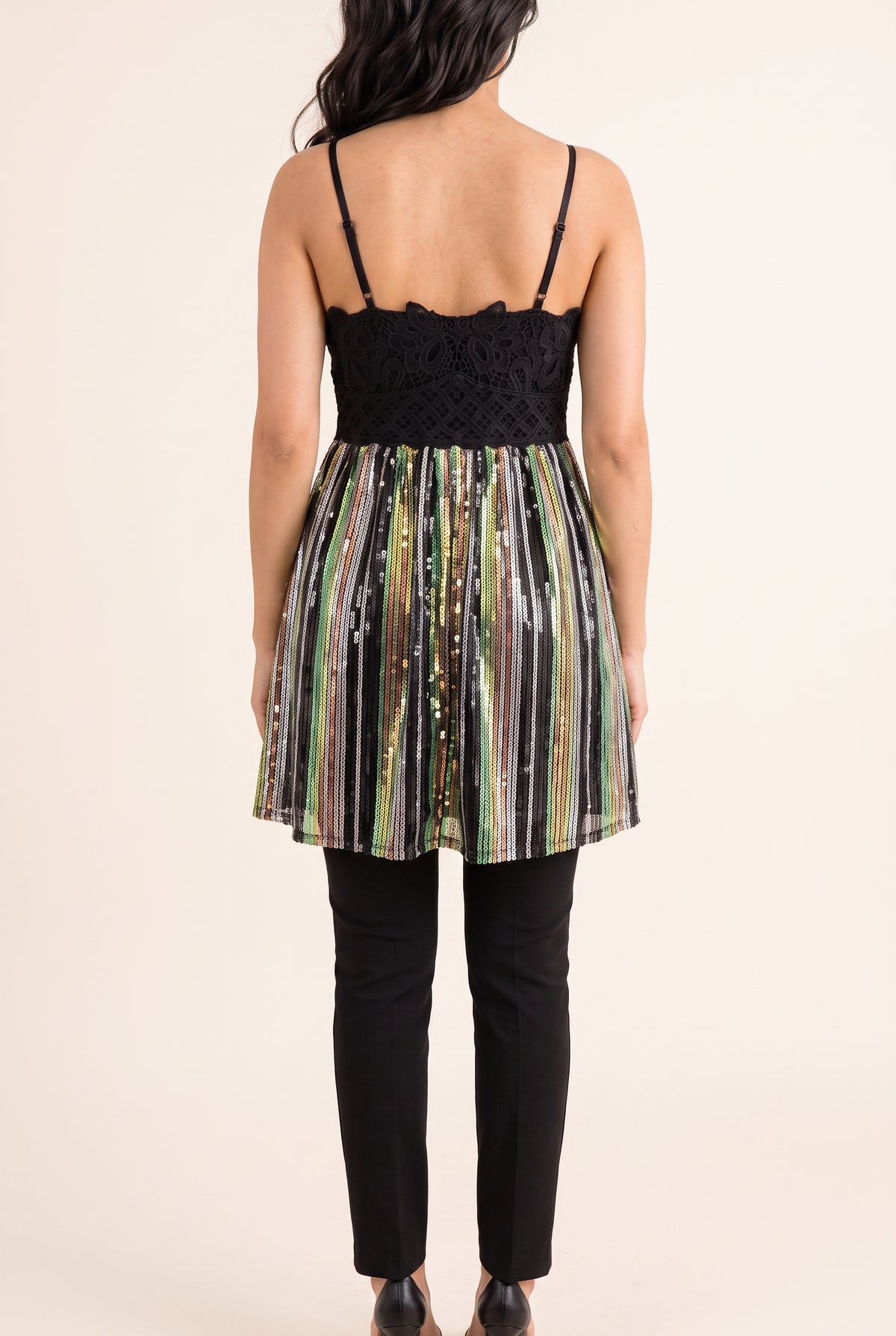 Back fit of the Small sequin tunic top showing its low lace edge and adjustable straps.