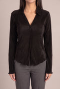 Front fit of the Rolling in the Deep Pleated Top in Small Black, showing its V-neck and relaxed pleated shape.