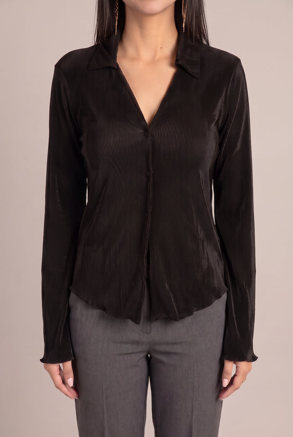 Front fit of the Rolling in the Deep Pleated Top in Small Black, showing its V-neck and relaxed pleated shape.
